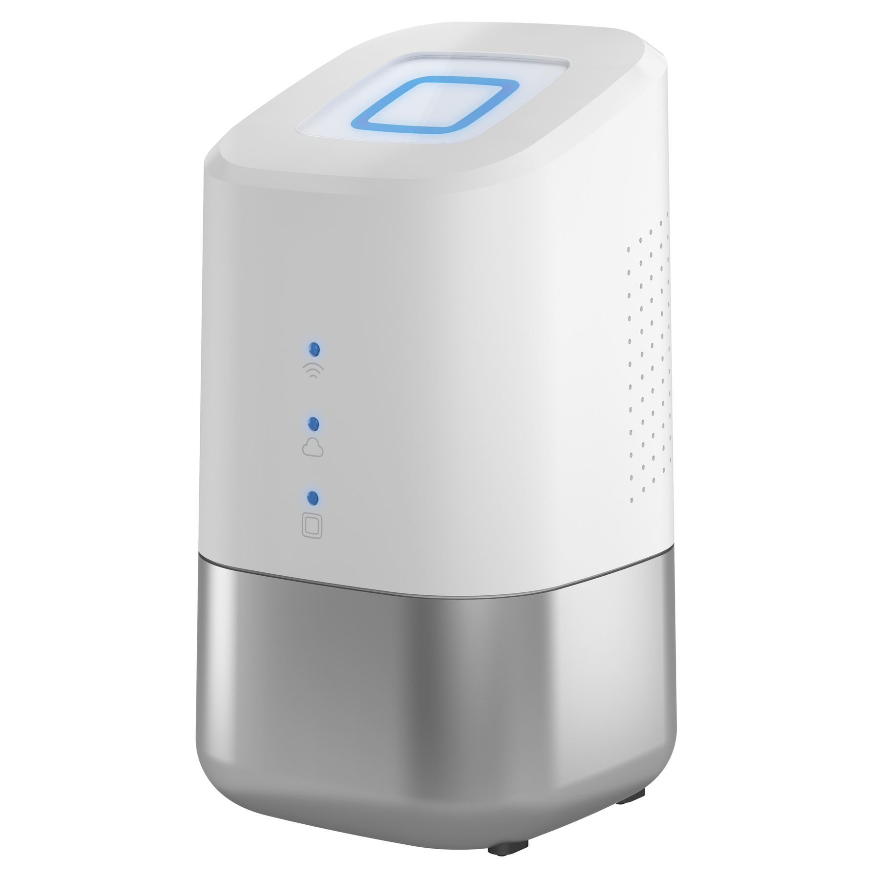 Biały router z srebrną podstawą i niebieskimi światłami.