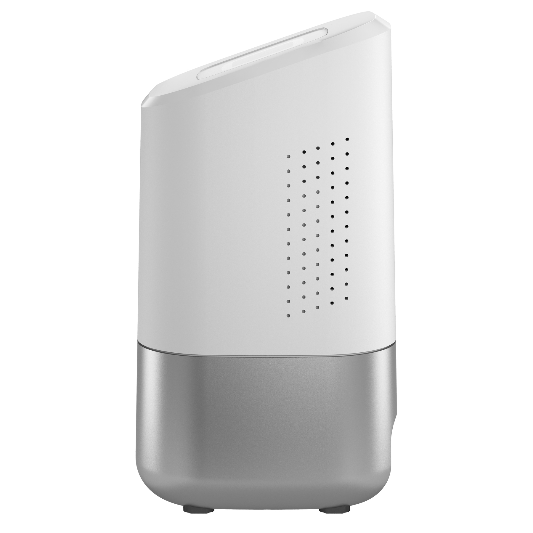 Biały i srebrny oczyszczacz powietrza z otworami wentylacyjnymi i sterowaniem.