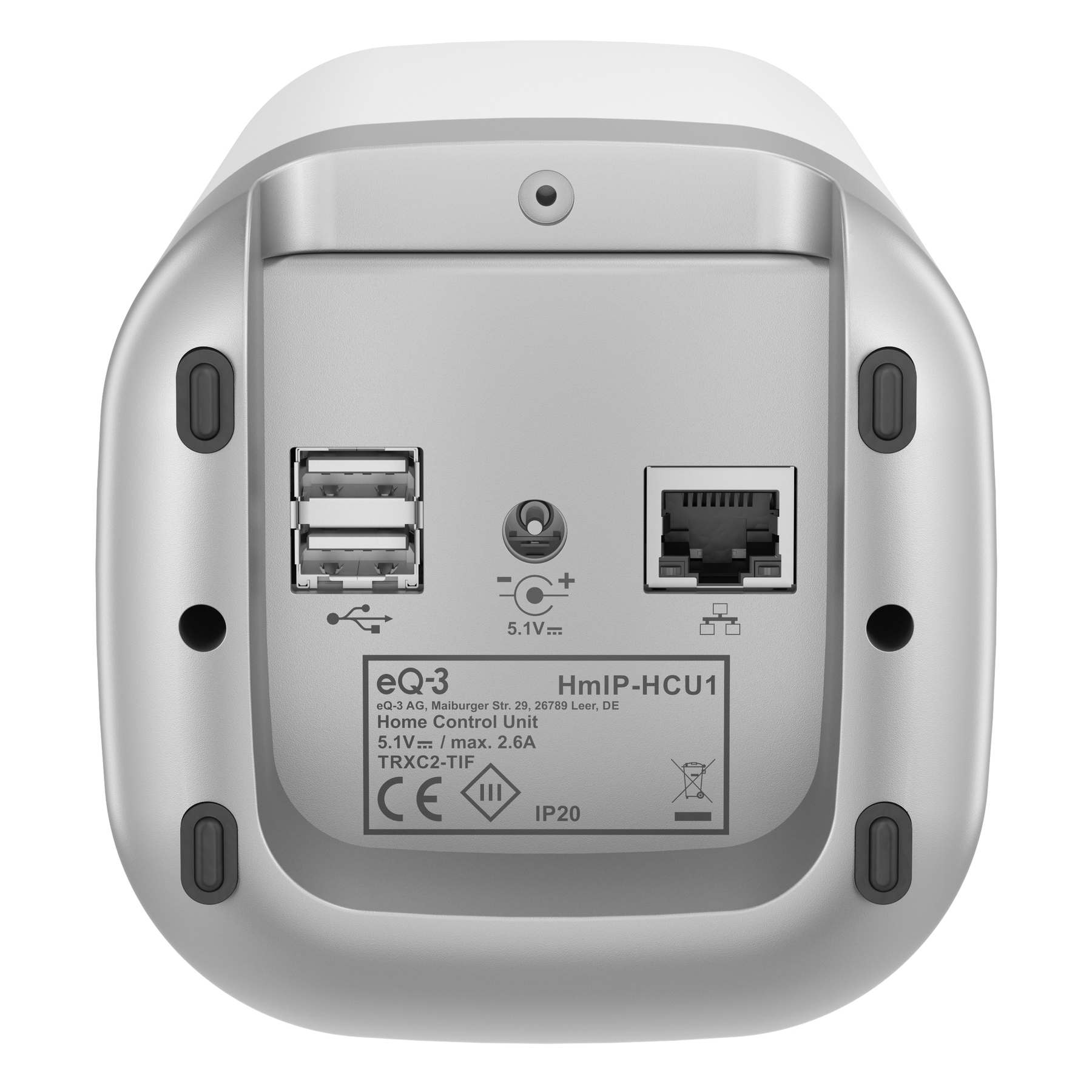 Widok z tyłu białego i srebrnego urządzenia sterującego domem z portami USB, zasilania i Ethernet.