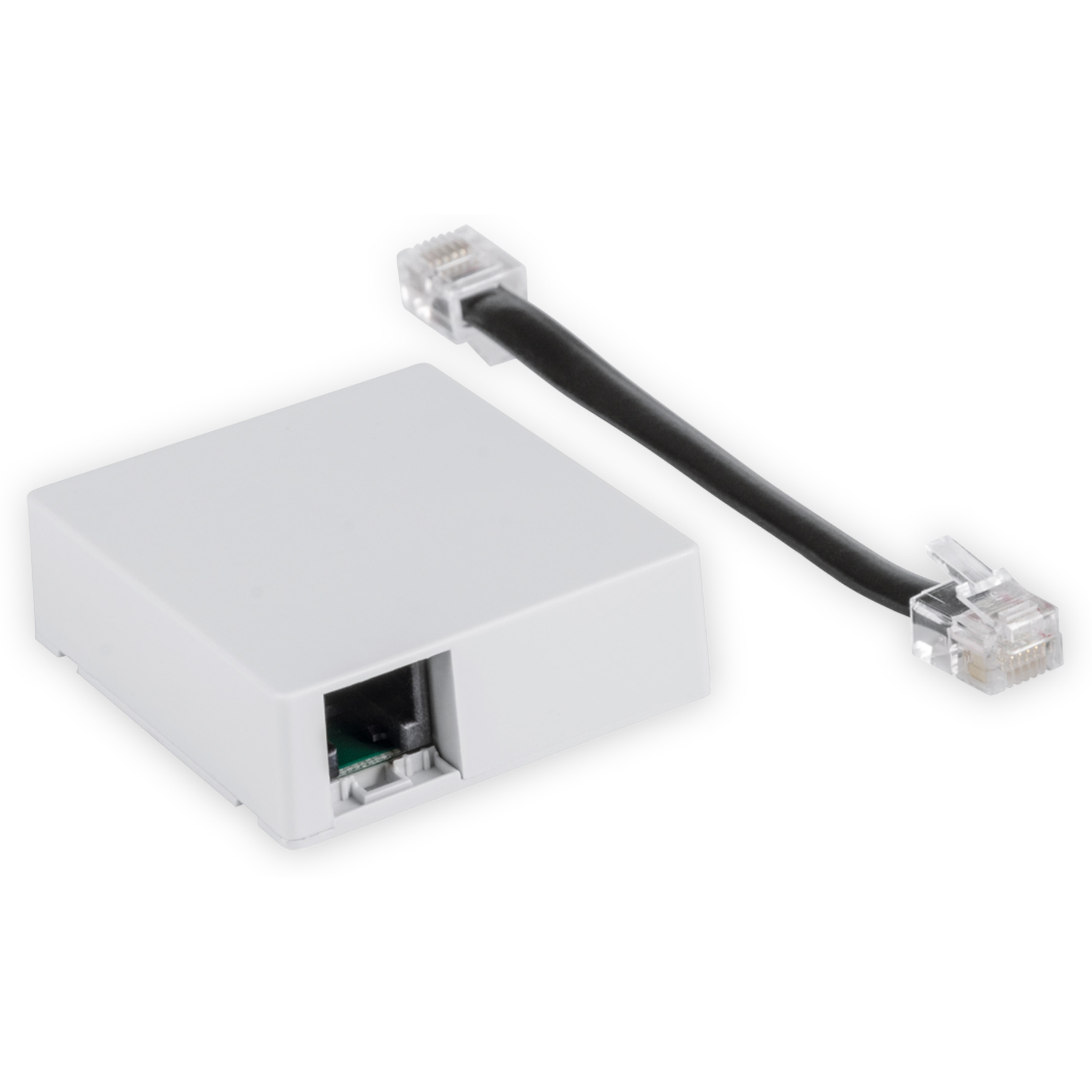 Ein weißer Netzwerkadapter mit schwarzem Kabel und RJ45-Stecker.