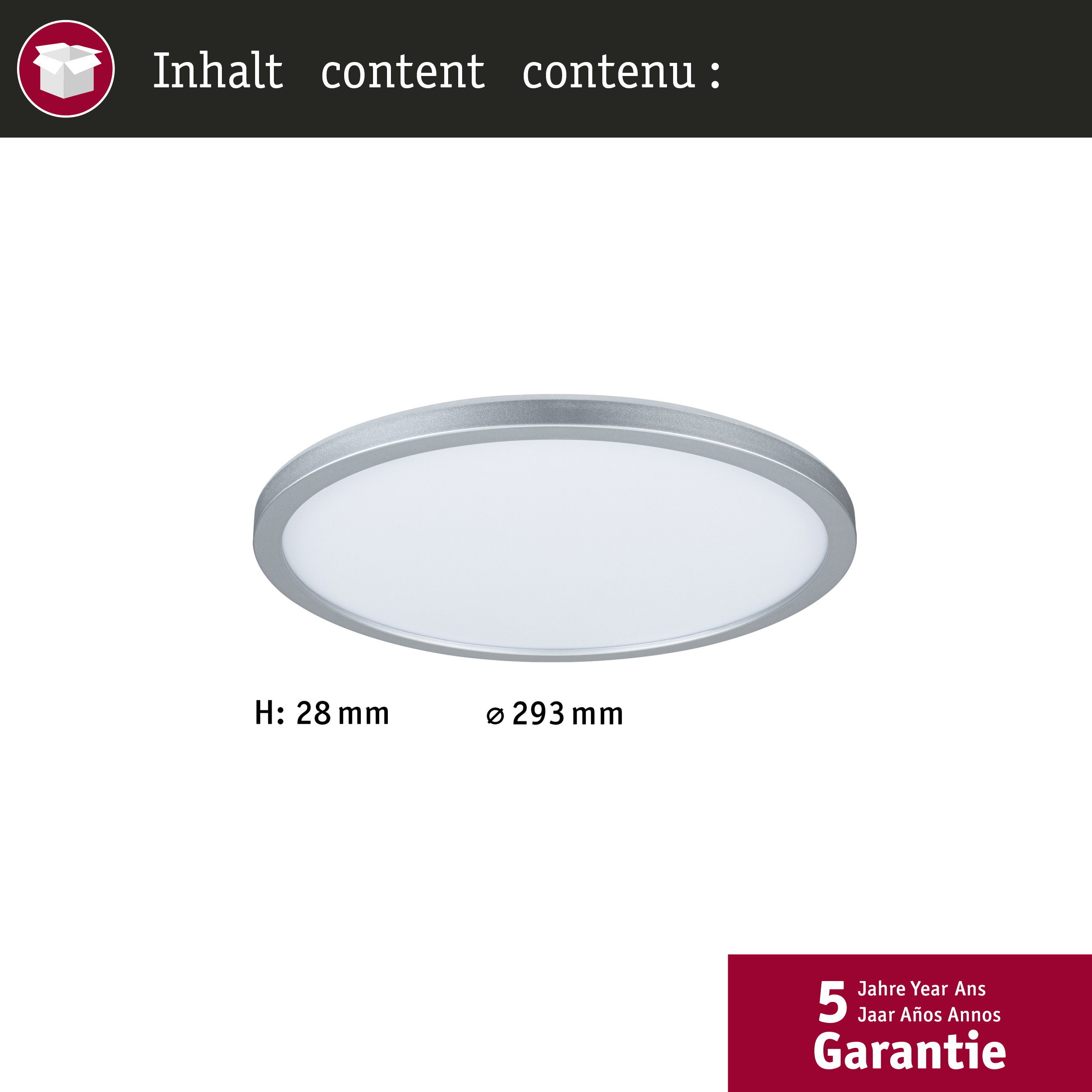 Okrągła lampa sufitowa z srebrną ramką, wysokość 28 mm, średnica 293 mm.
