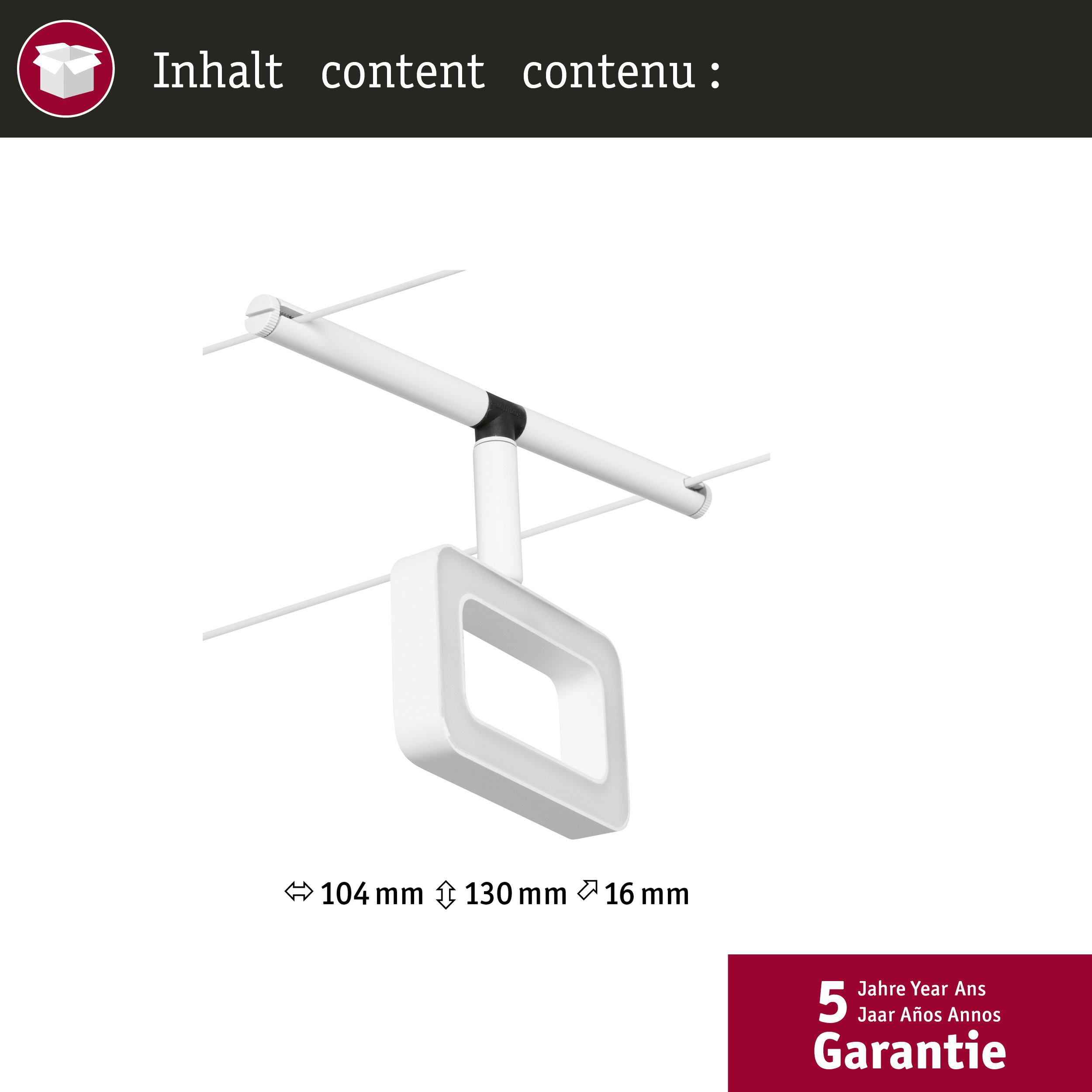 Eine weiße Lampe mit rechteckigem Rahmen hängt an einer Deckenhalterung.