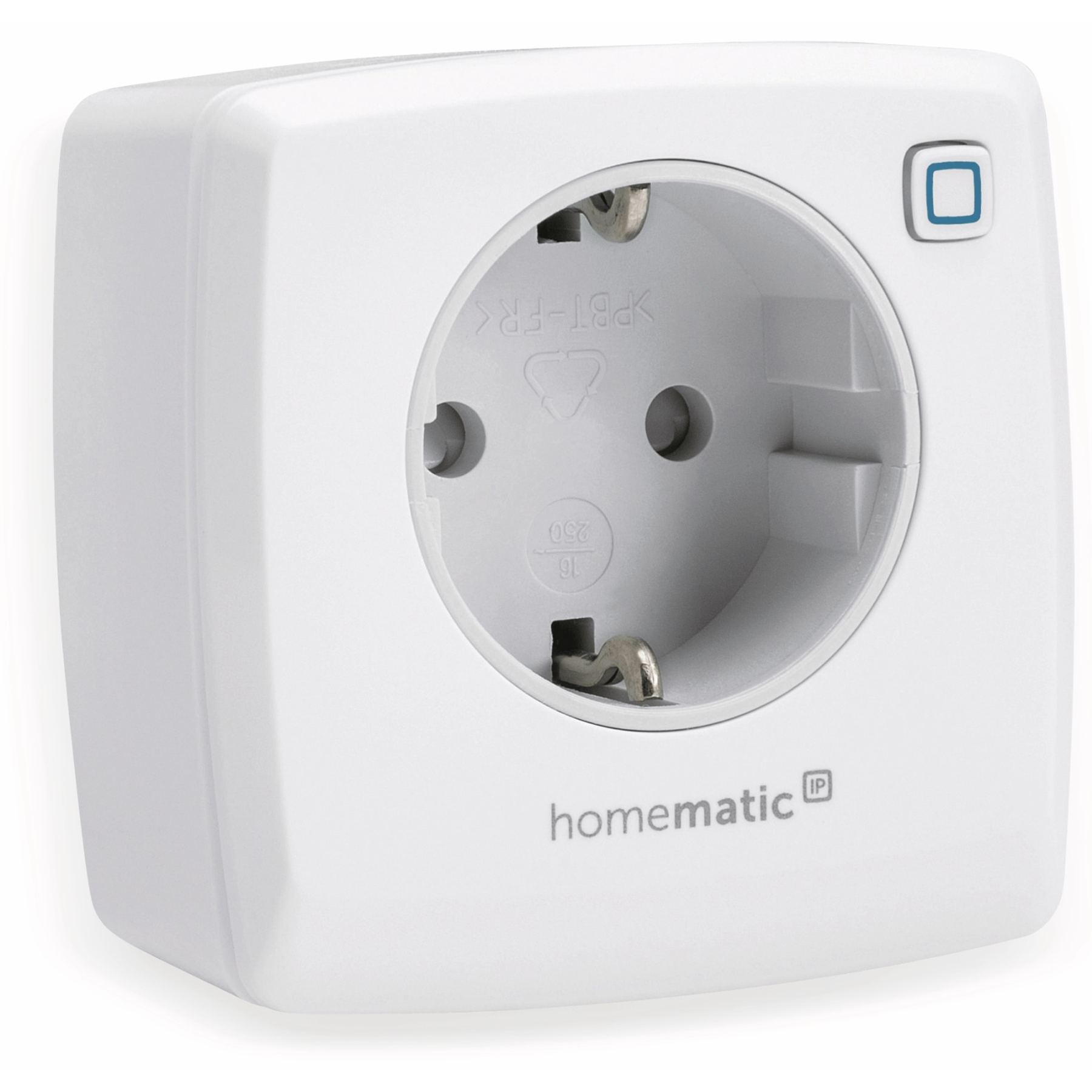 Ein weißer Steckdosenadapter mit einem blauen Knopf und dem Homematic IP Logo.