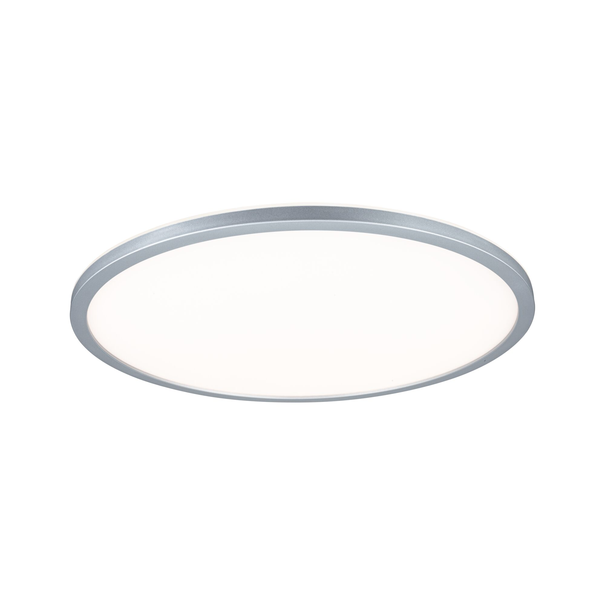Owalna lampa sufitowa z srebrną ramką i białym środkiem.