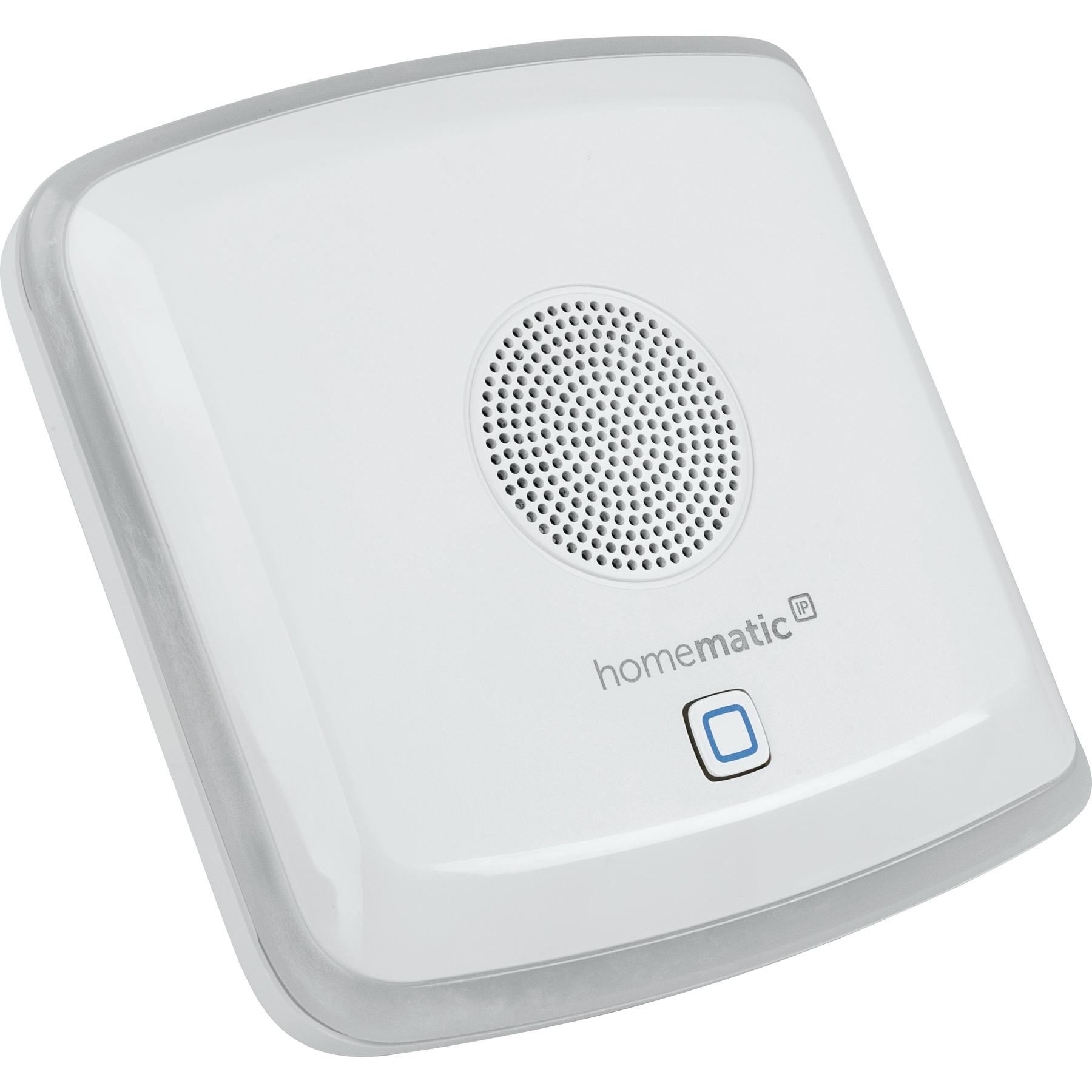 Ein weißes Homematic IP Gerät mit einem Lautsprechergitter und einem blauen Knopf.