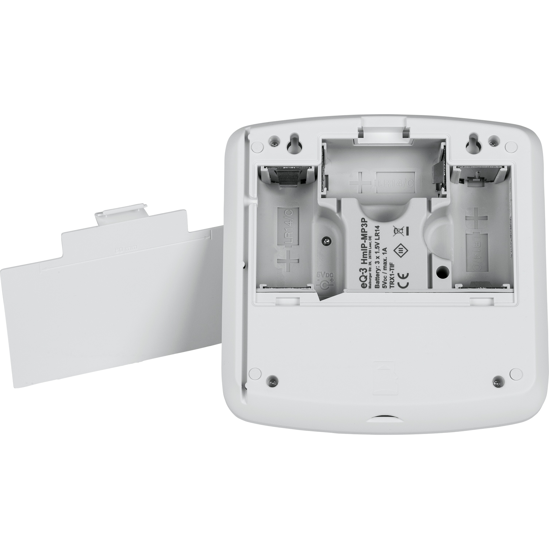 Rückseite eines weißen Geräts mit geöffnetem Batteriefach für drei LR14-Batterien.