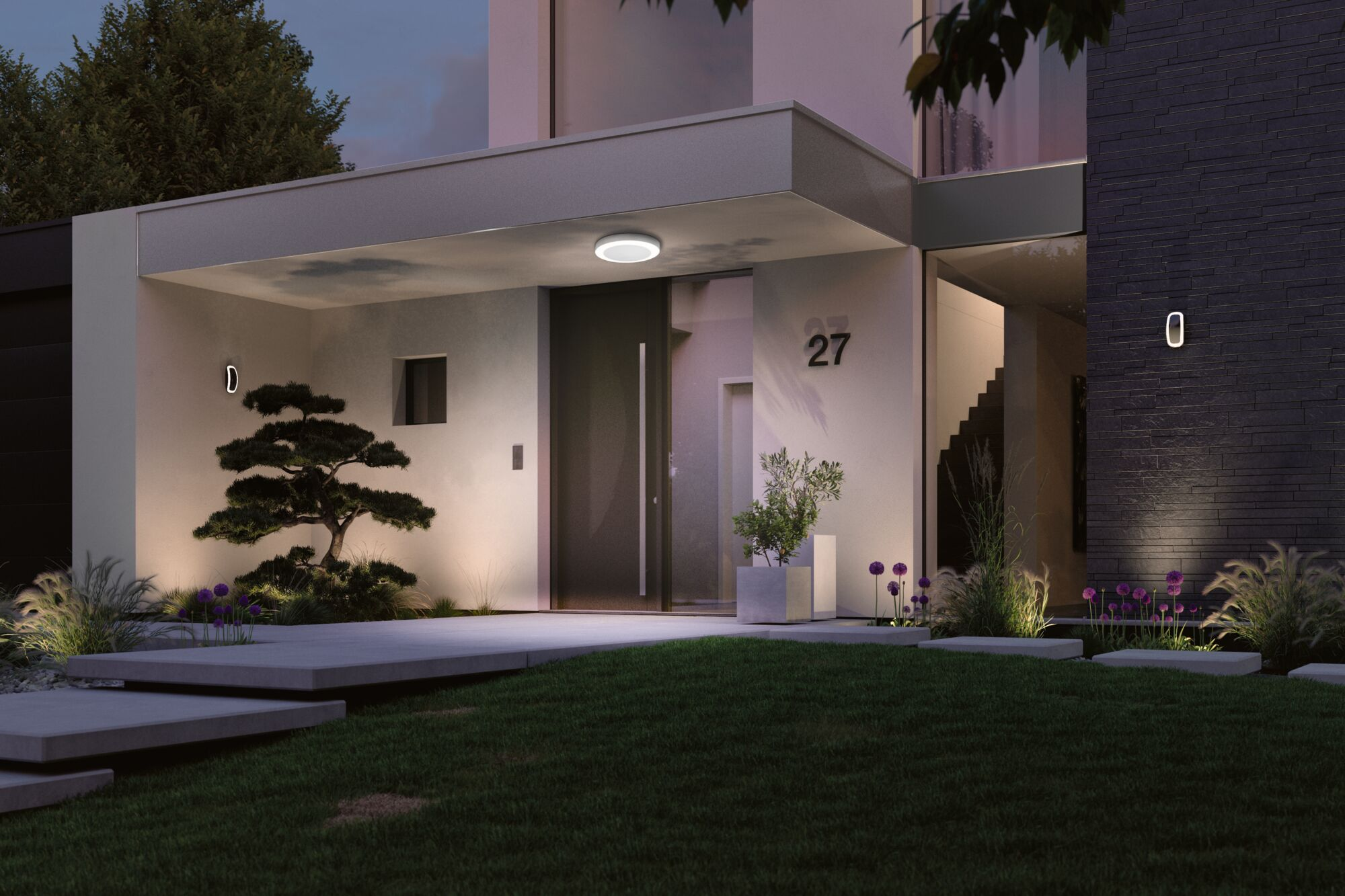 Moderne Hausfront bei Nacht mit beleuchtetem Eingang, Pflanzen und Stufen.