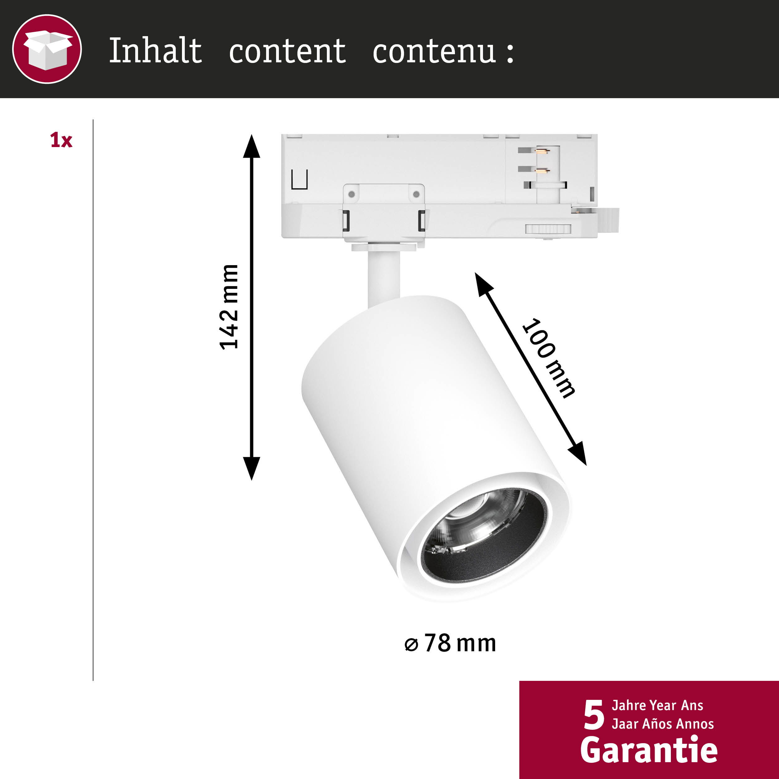 Biała lampa o wymiarach 142mm wysokość, 100mm długość, 78mm średnica.
