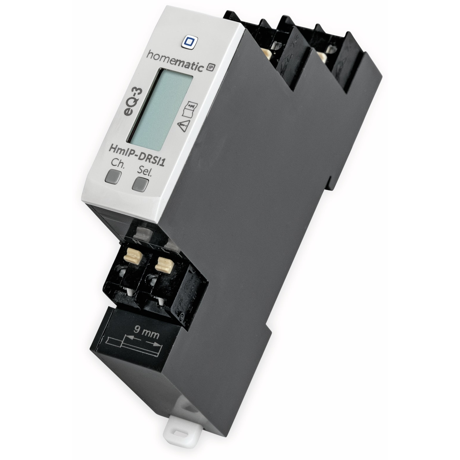 Ein grauer Homematic eQ-3 HmIP-DRS1 Schalter mit Display und Klemmen.