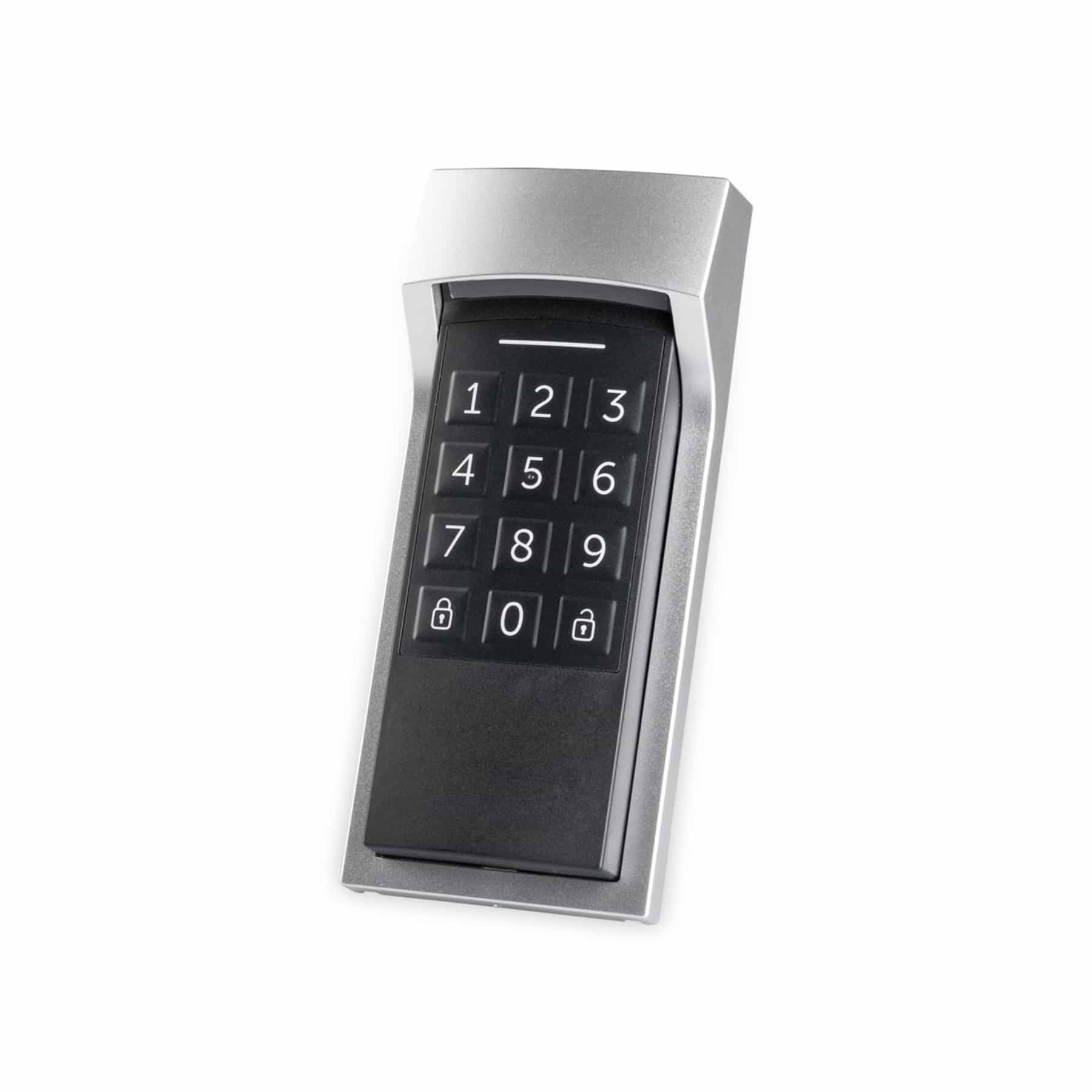 Ein silbernes und schwarzes Tastaturfeld mit Zahlen 0-9 und Schlosssymbolen.