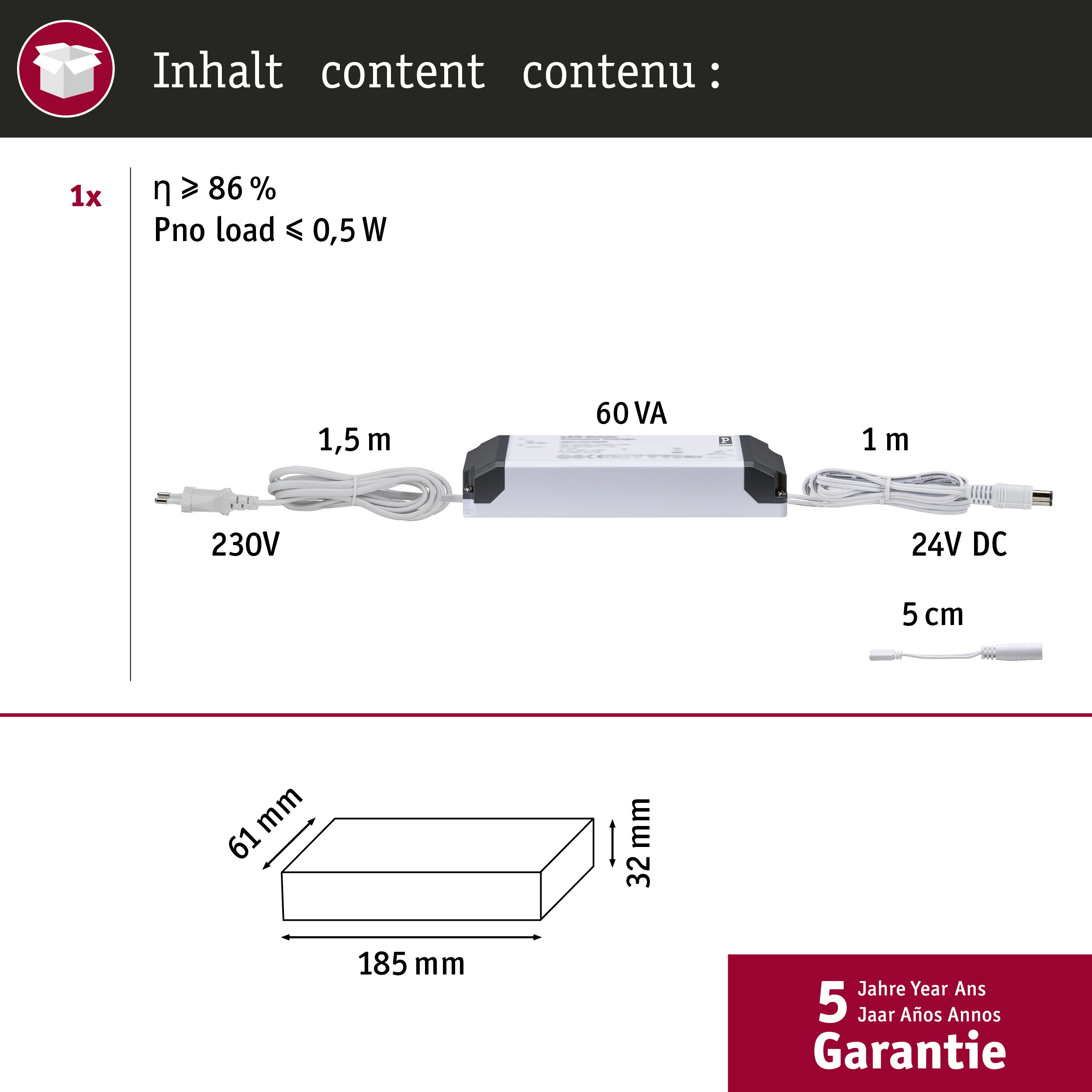 Netzteil mit Kabeln, 230V und 24V DC, 60 VA, Maße 185x61x32mm. 5 Jahre Garantie.