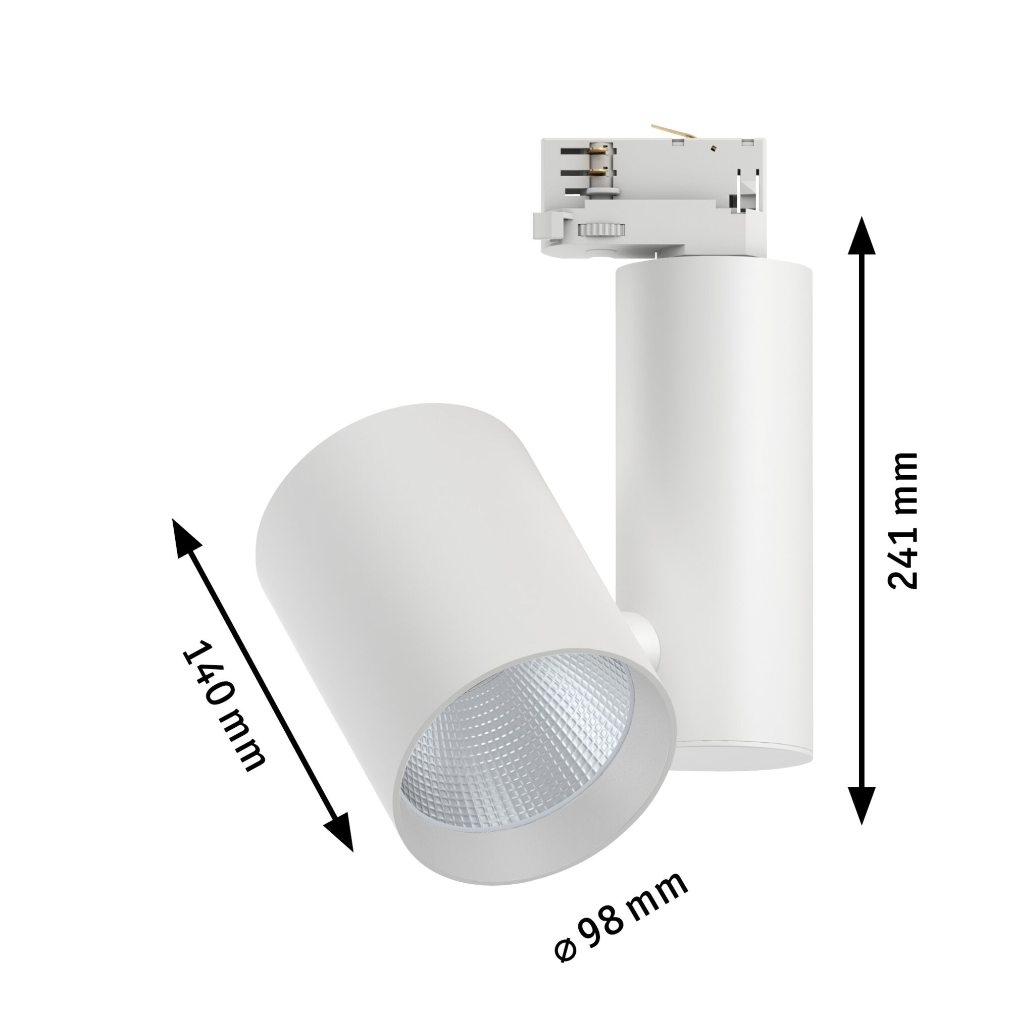 Zwei weiße Spots auf einer Schiene, Maße 140mm, 98mm und 241mm.