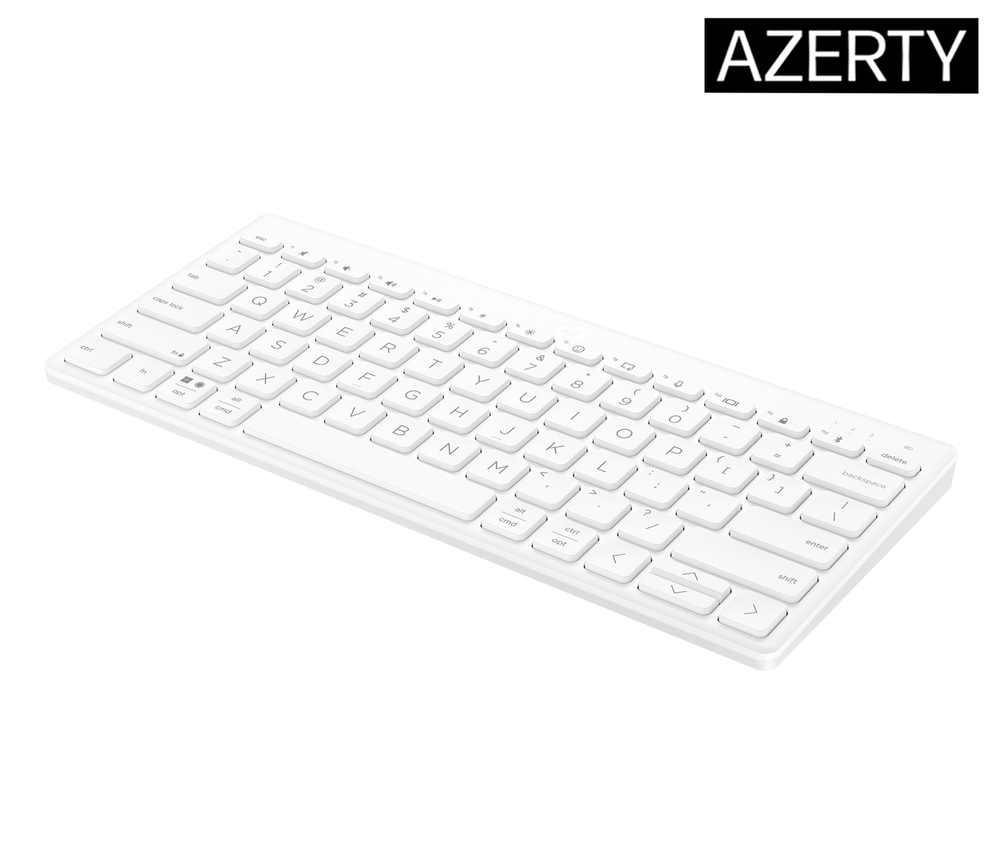 Un teclado AZERTY blanco con teclas separadas, sobre fondo blanco.