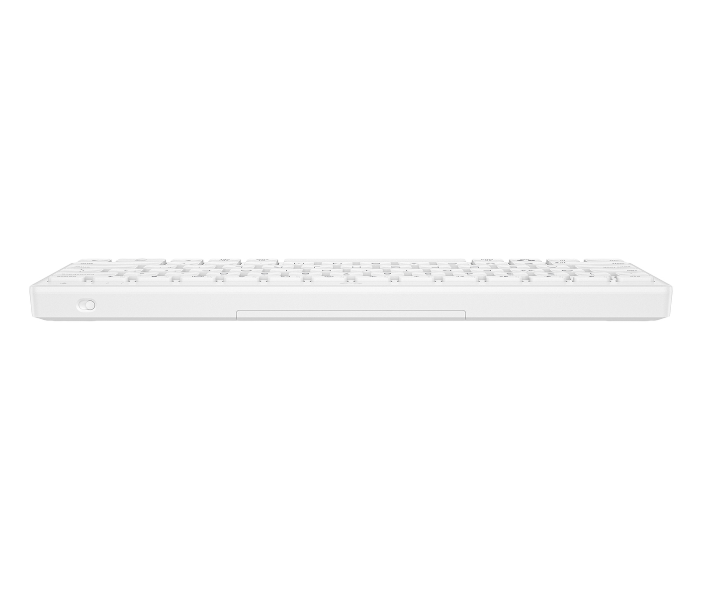 Un teclado blanco con teclas detalladas, visto de lado.