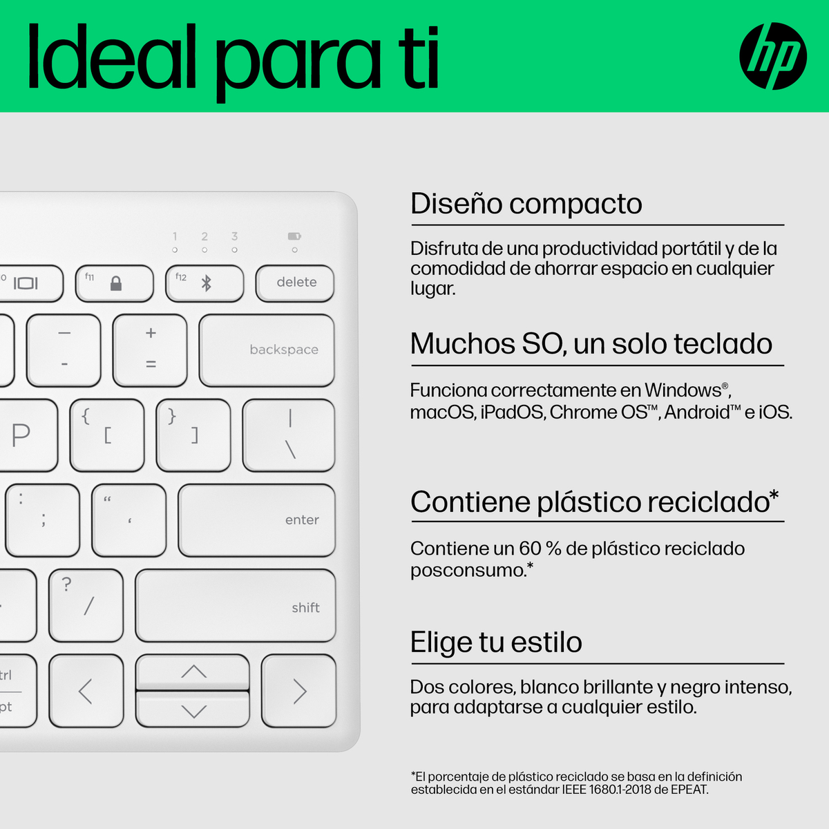 Teclado blanco con logo HP y texto en español. Diseño compacto.
