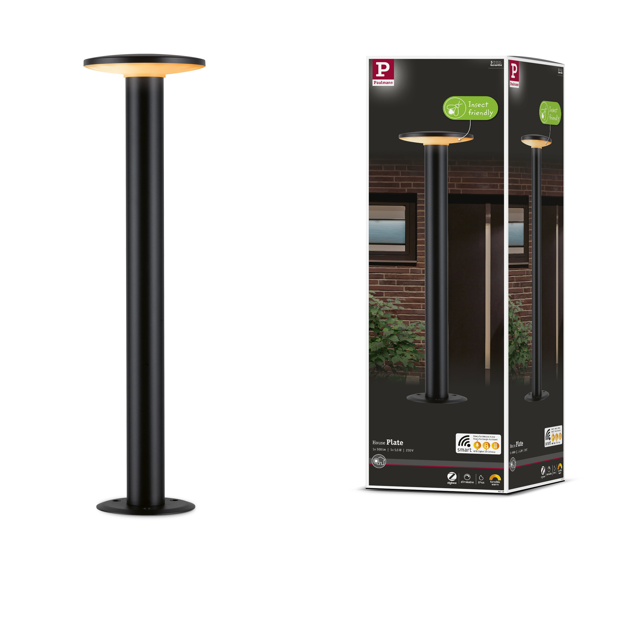 Czarna podstawa lampy stojącej z okrągłym, podświetlanym kloszem. Opakowanie produktu obok.