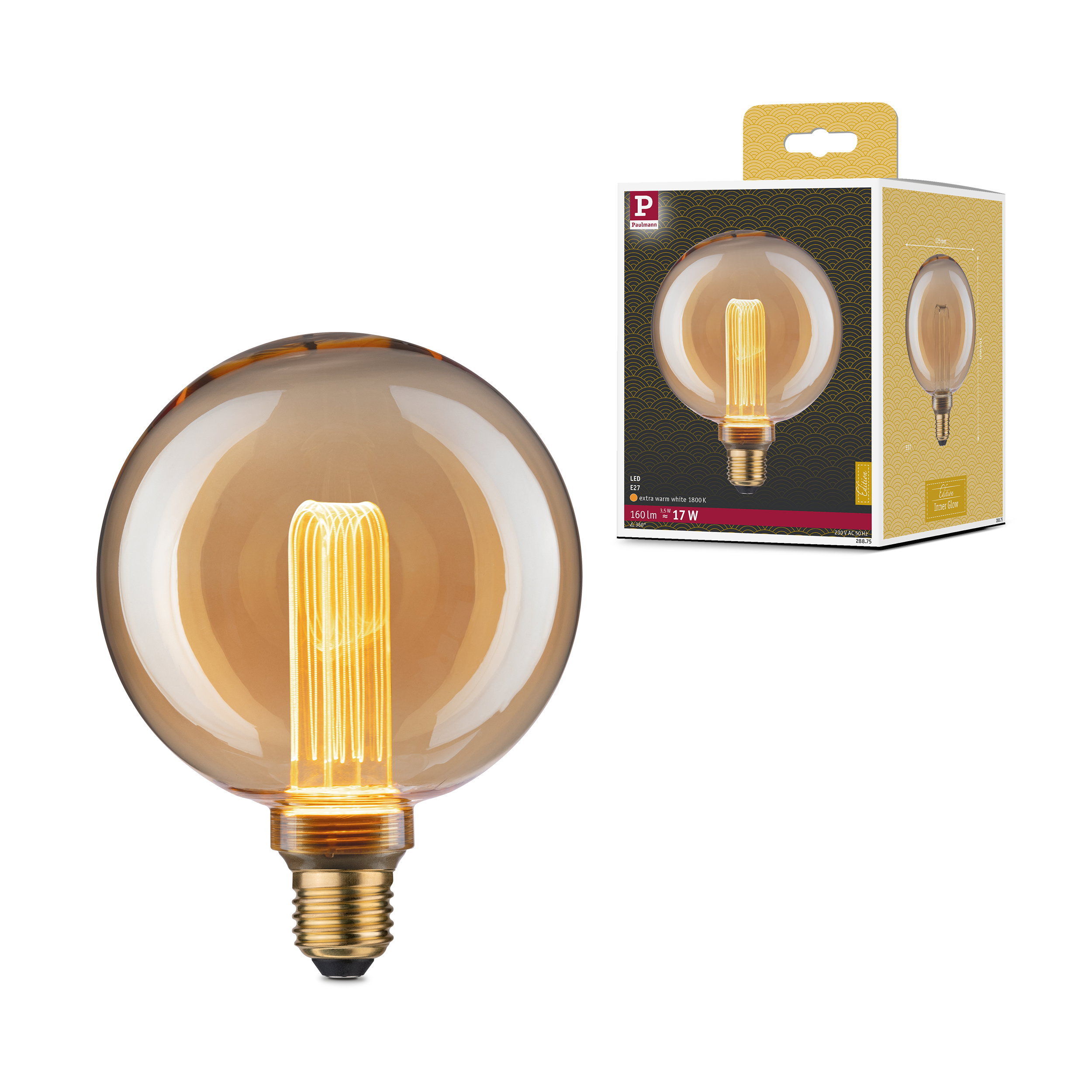 Bursztynowa żarówka z widocznymi żarnikami i opakowaniem.