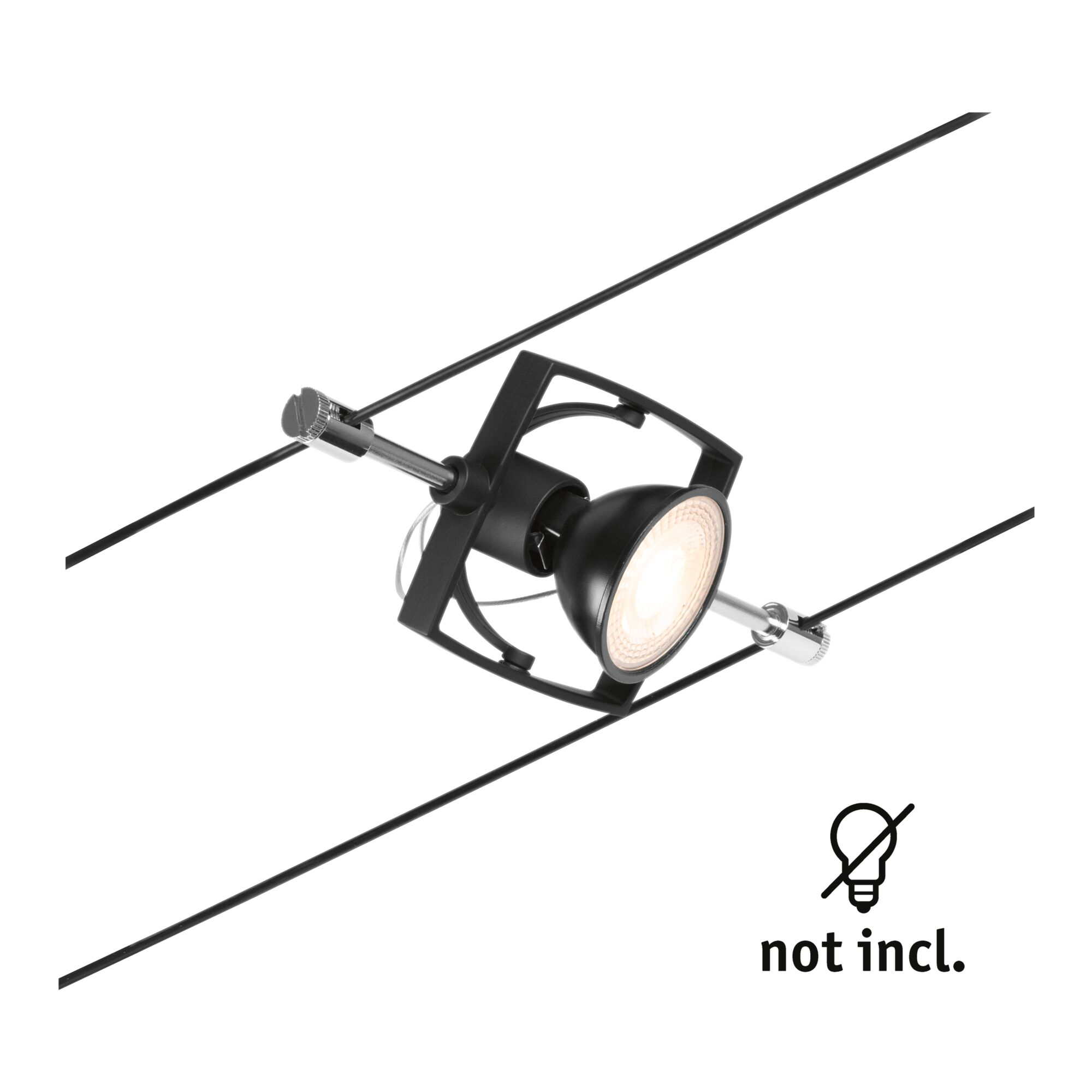 Faretti neri con montatura su due cavi, lampadina non inclusa.