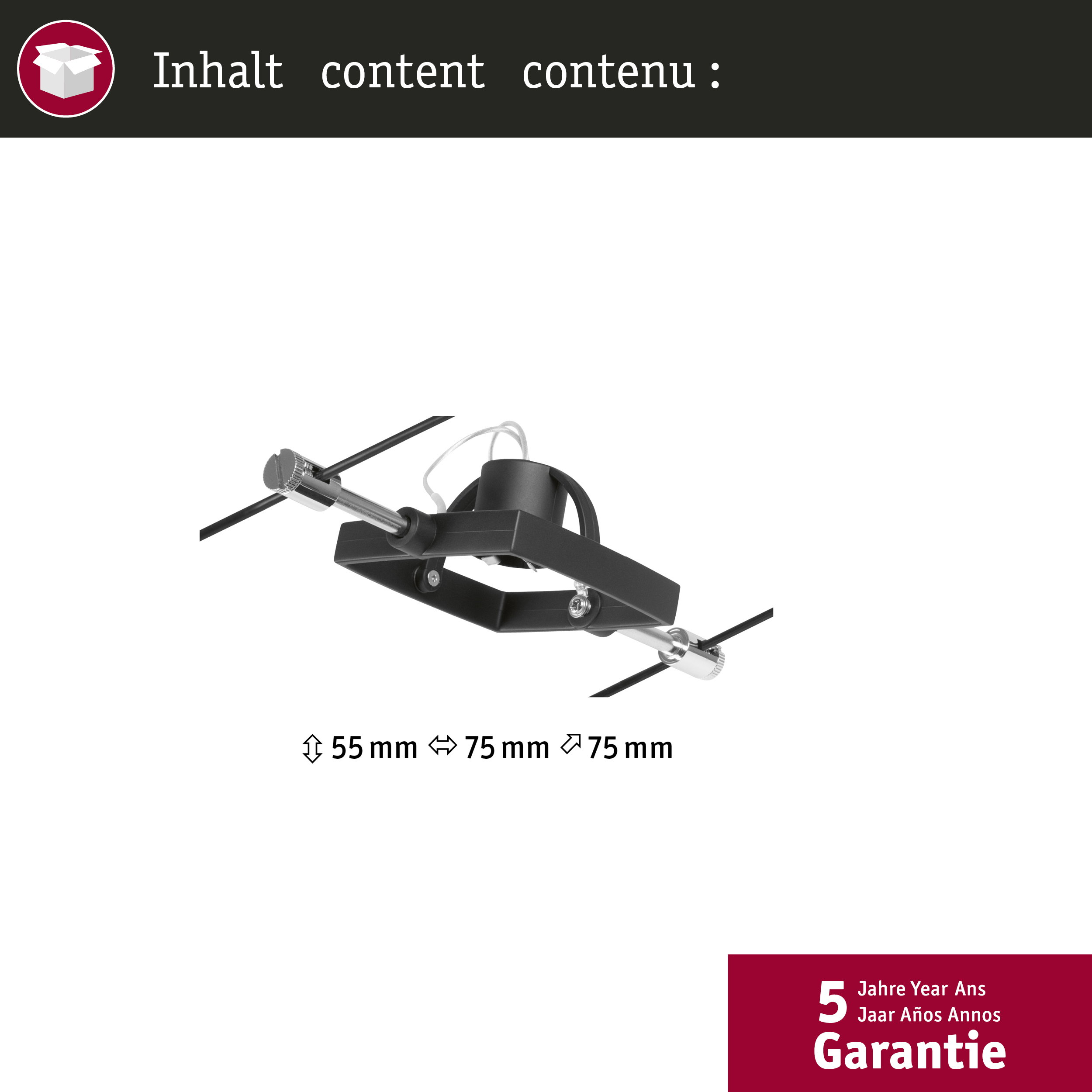 Un supporto nero con parti metalliche, misura 55 mm, 75 mm, 75 mm.