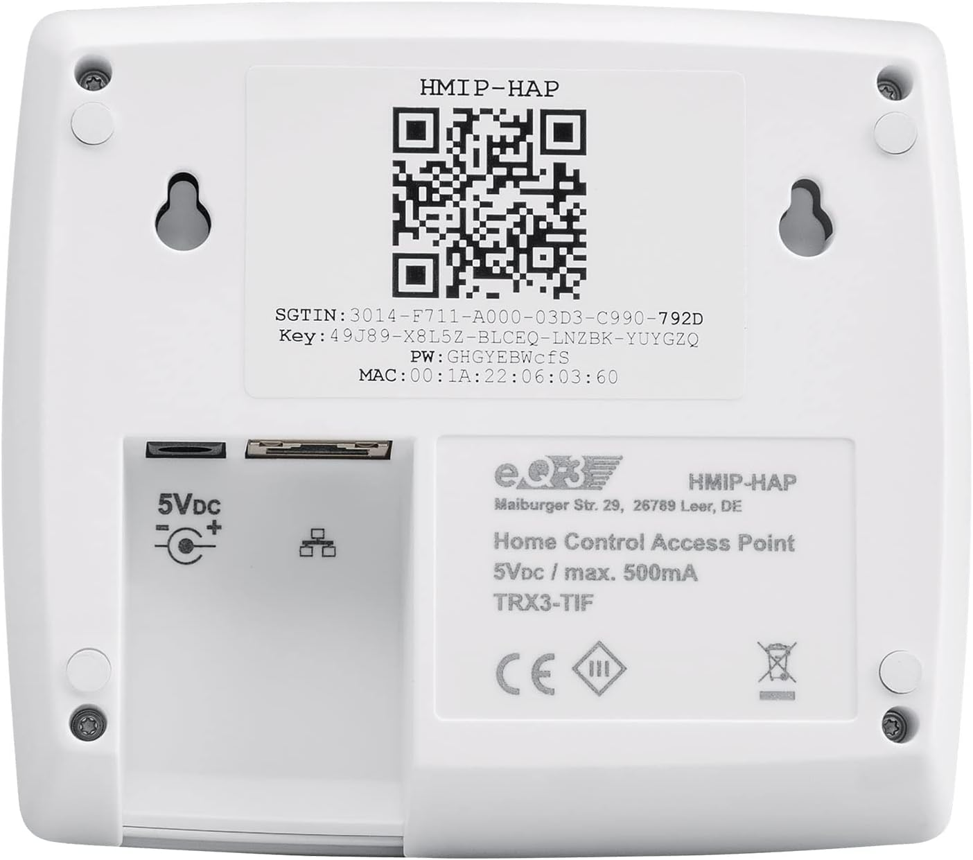 Rückseite eines weißen HMIP-HAP Geräts mit Anschlüssen und QR-Code.