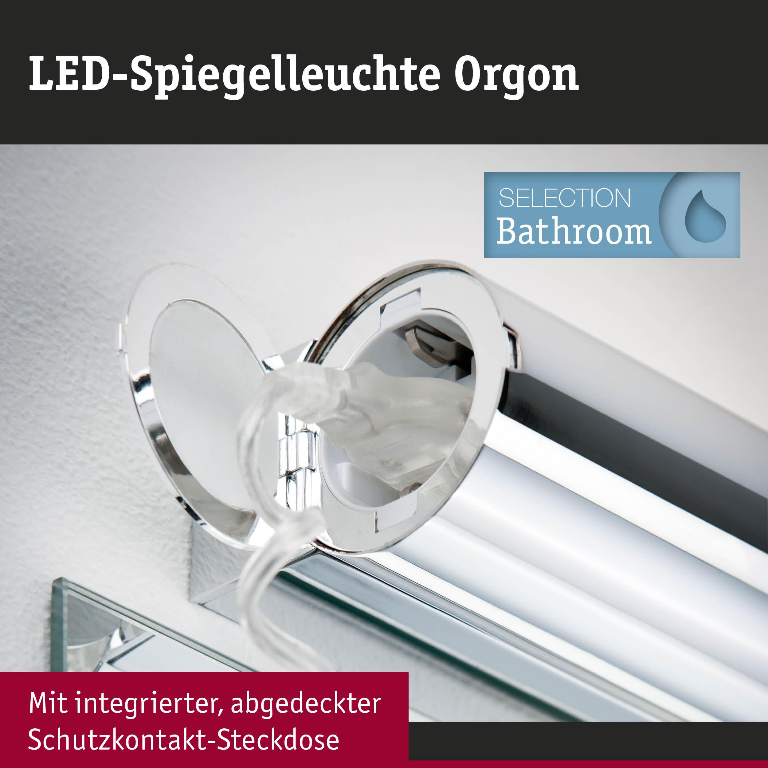 LED-Spiegelleuchte mit integrierter Steckdose.