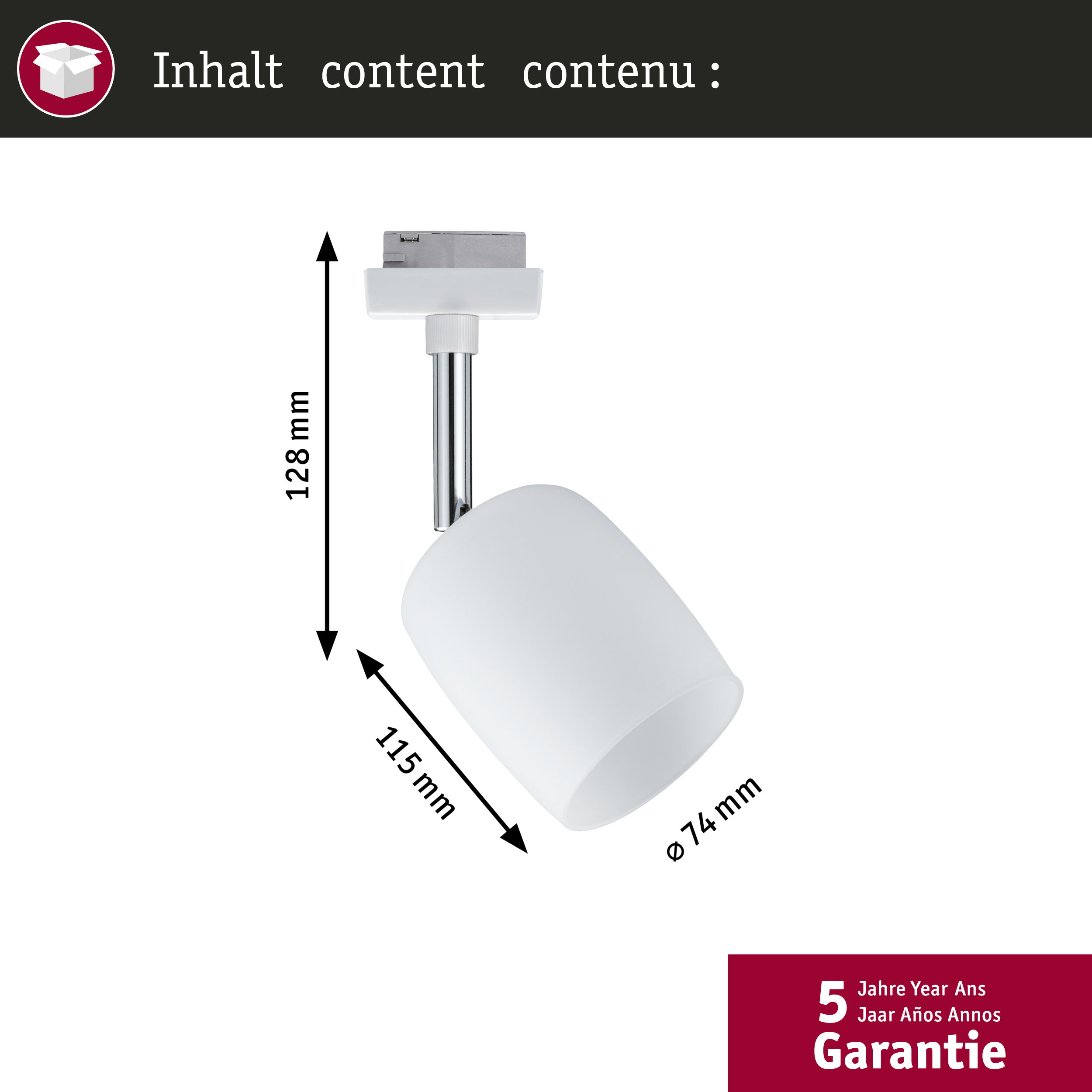 Un faretto bianco con dimensioni 128x115 mm, Ø74 mm.