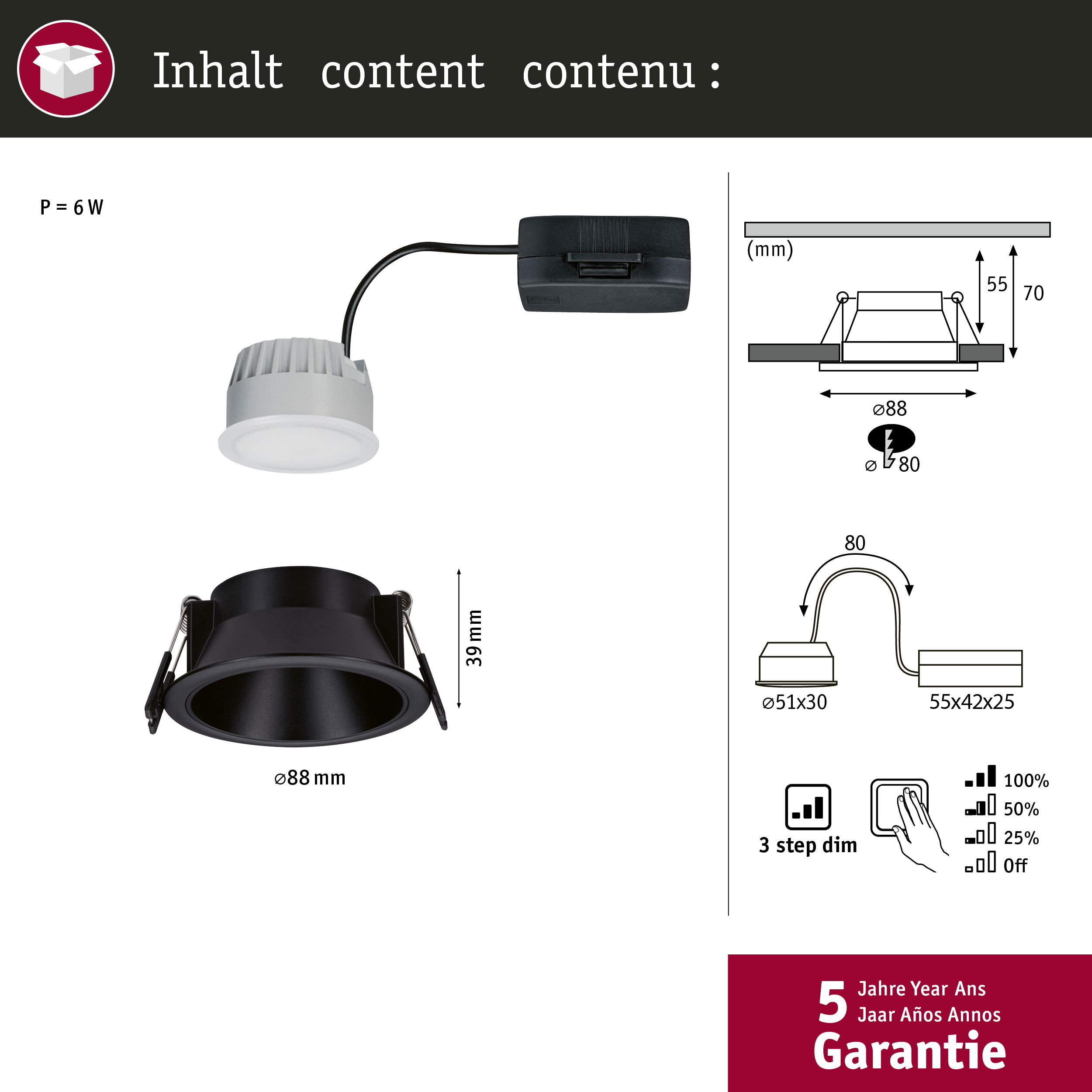 Obraz przedstawia lampę wpuszczaną, wymiary i funkcję ściemniania z 5-letnią gwarancją.