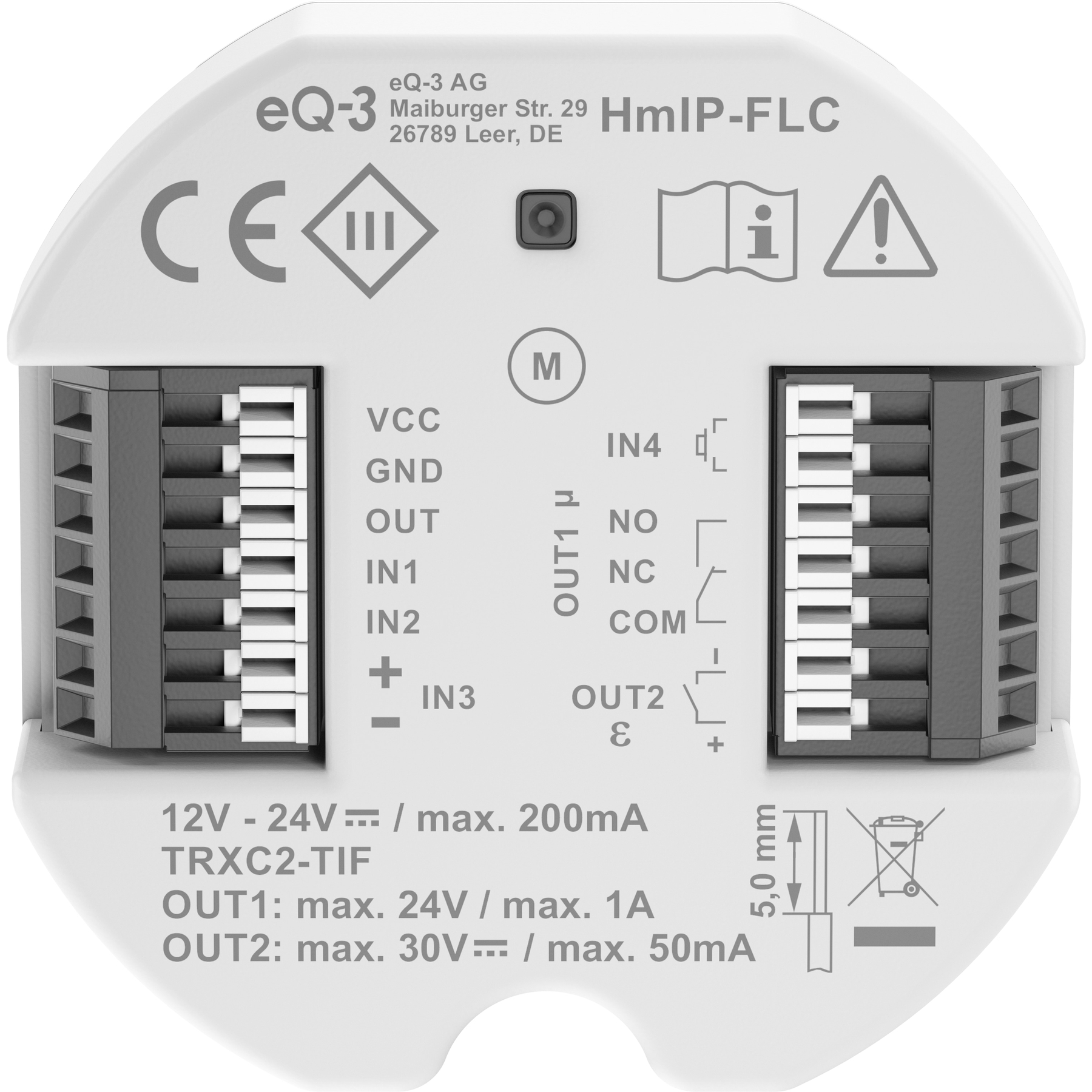 Un dispositivo bianco eQ-3 HmIP-FLC con terminali ed etichette.
