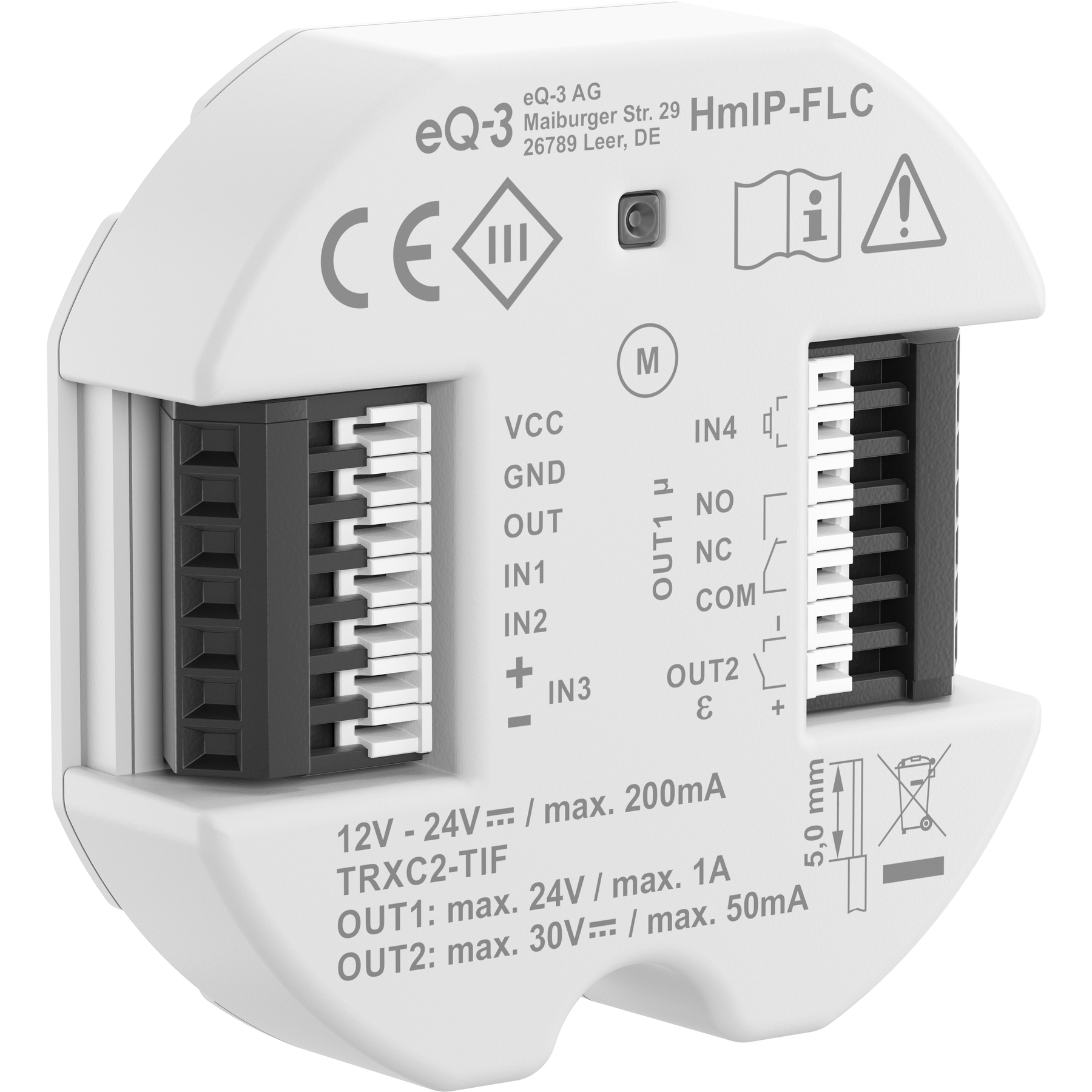 Un dispositivo bianco eQ-3 HmIP-FLC con connettori ed etichette.