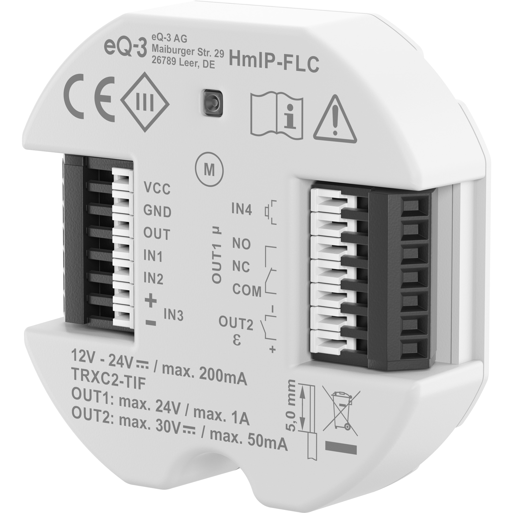Un dispositivo bianco eQ-3 HmIP-FLC con terminali per alimentazione e ingressi.