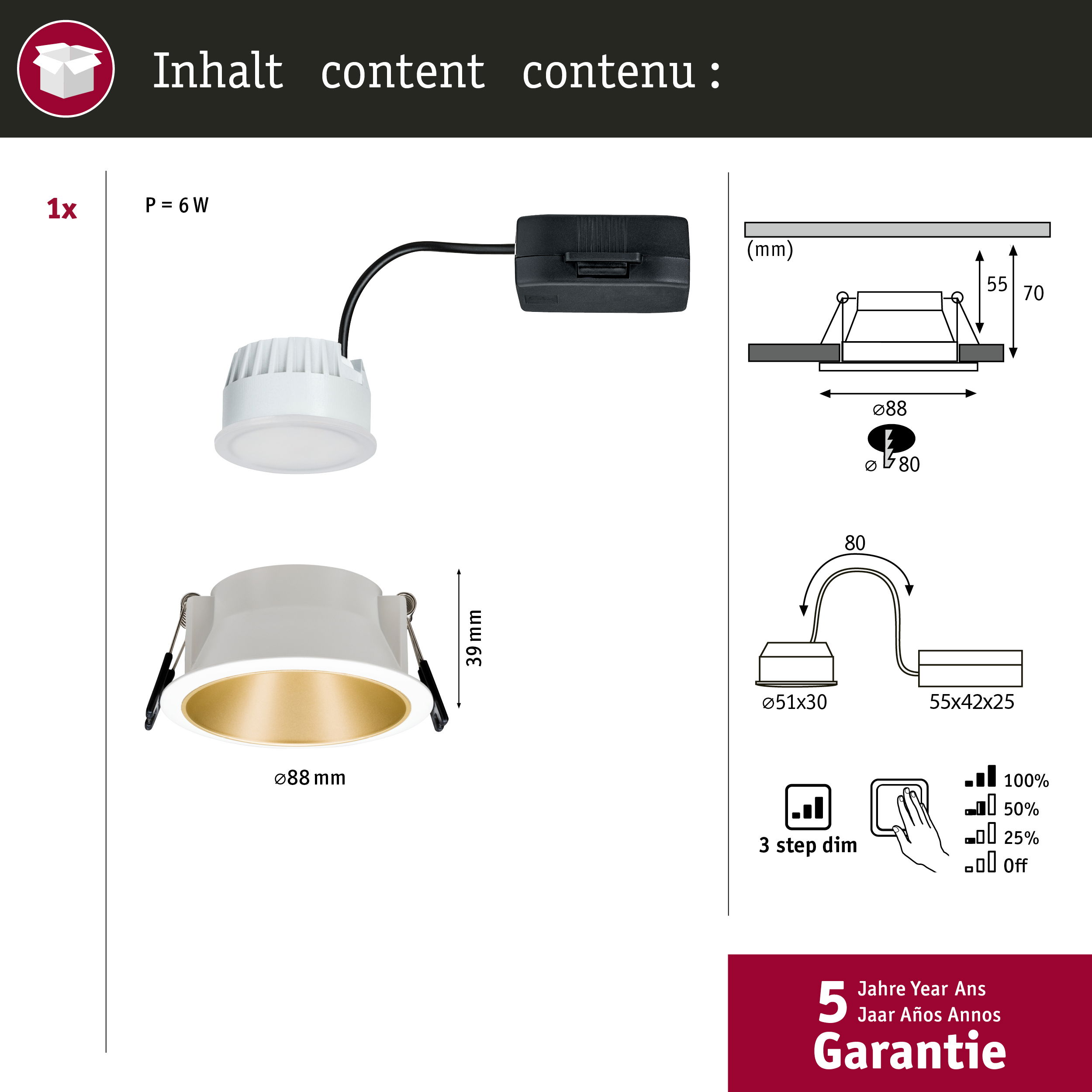 Luce da incasso con dimensioni tecniche e informazioni sulla garanzia.