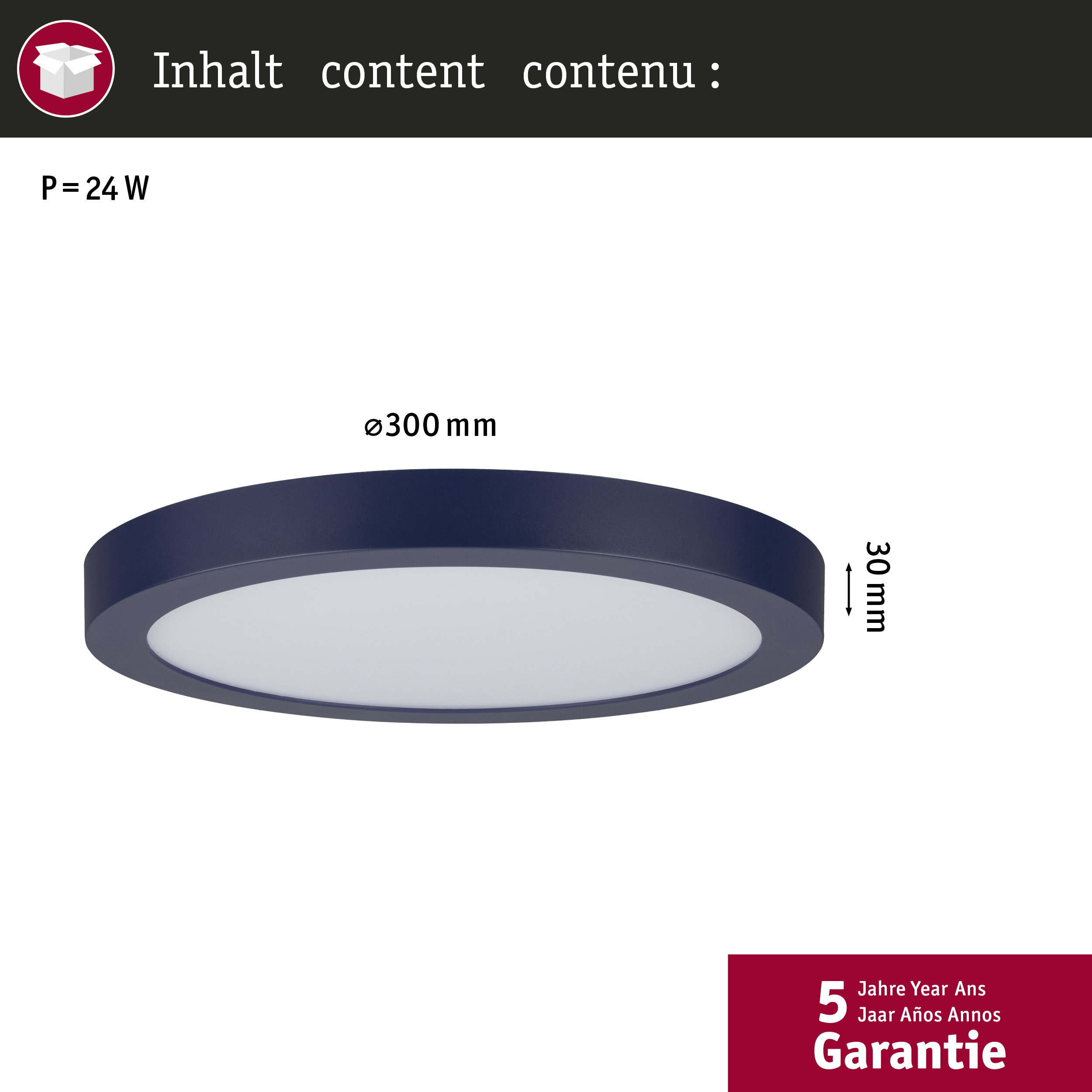 Un plafonnier rond, bleu foncé avec centre blanc, 24W.