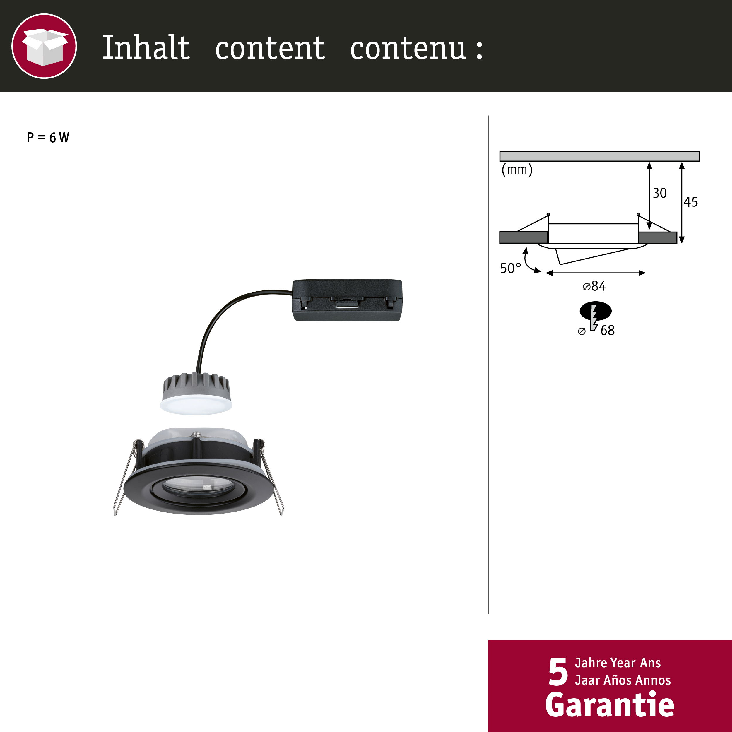 Lampa wpuszczana z wymiarami technicznymi i 5-letnią gwarancją.