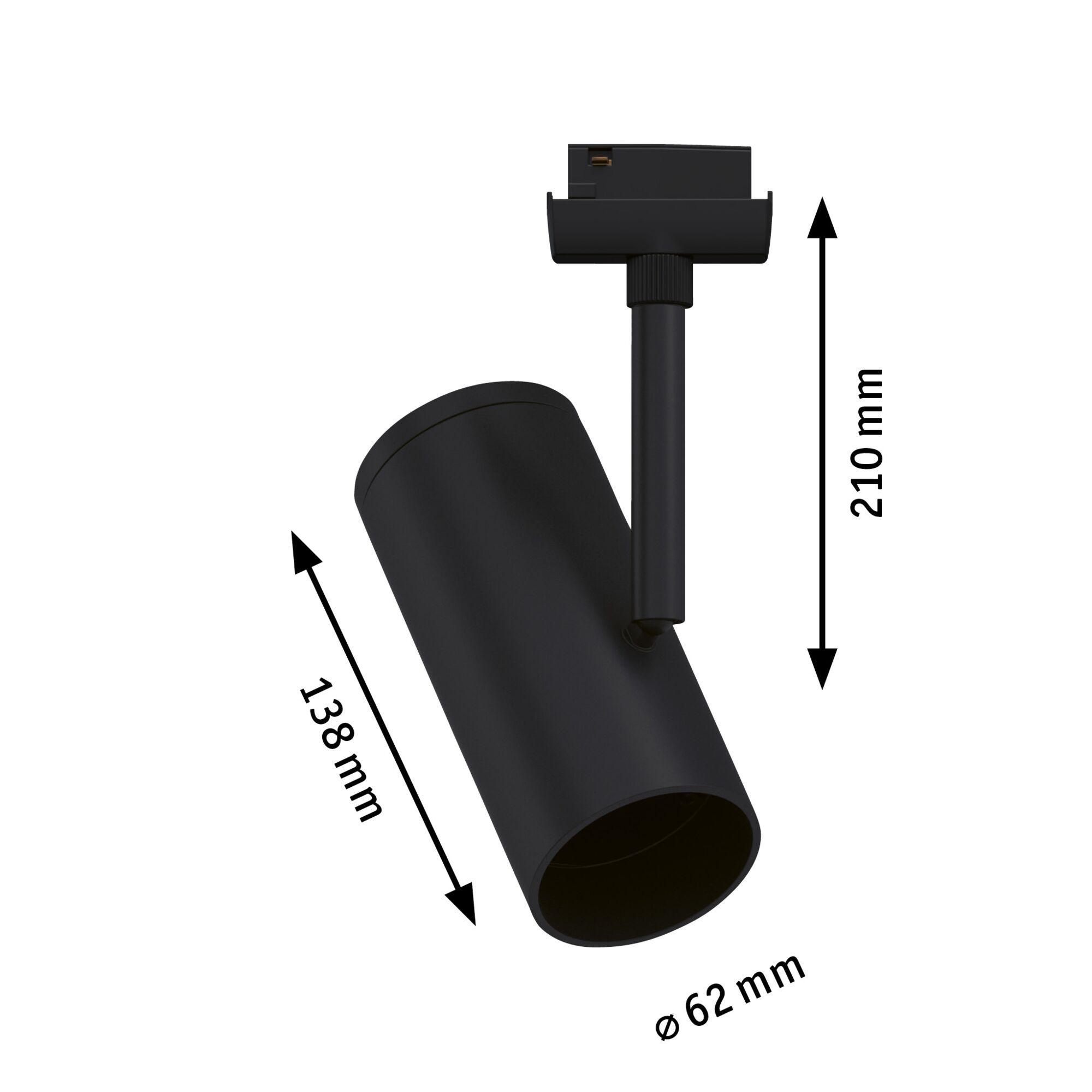 Schwarzer Zylinder-Spot mit Schienenadapter. Maße: 138mm Länge, 62mm Durchmesser, 210mm Höhe.
