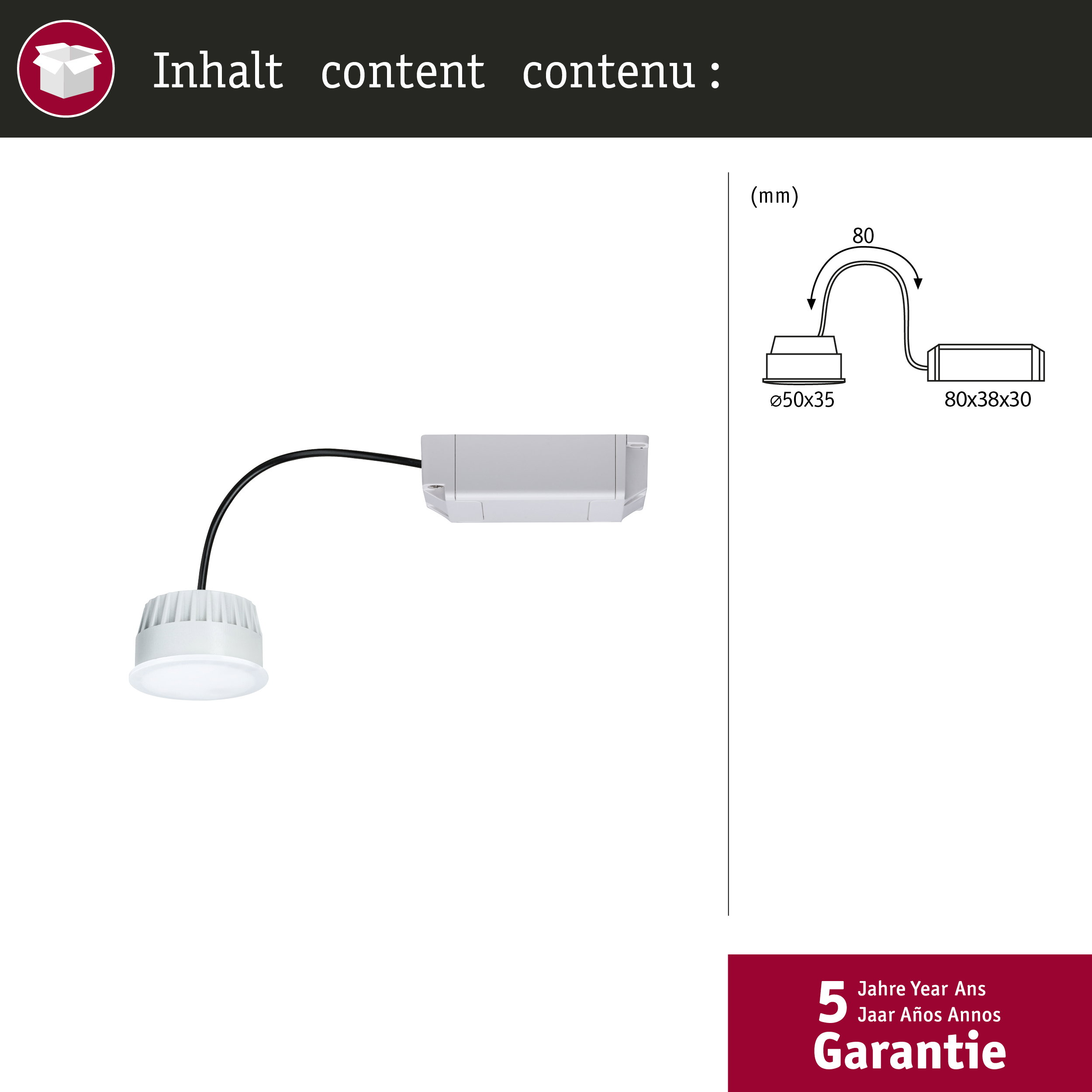 Un driver LED bianco con luce LED rotonda e dimensioni tecniche.