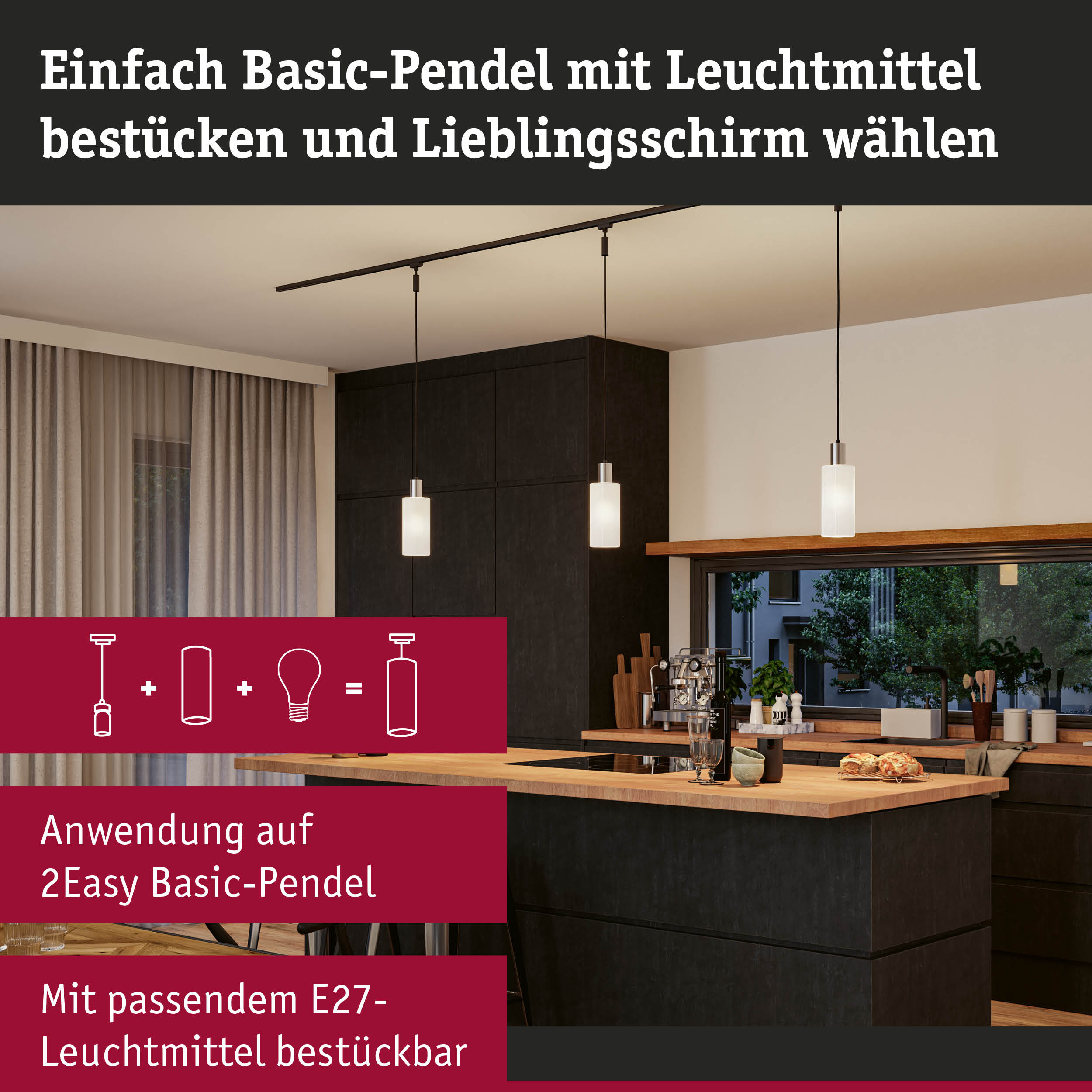 Moderne Küche mit drei Hängeleuchten über der Insel. Text auf Deutsch.