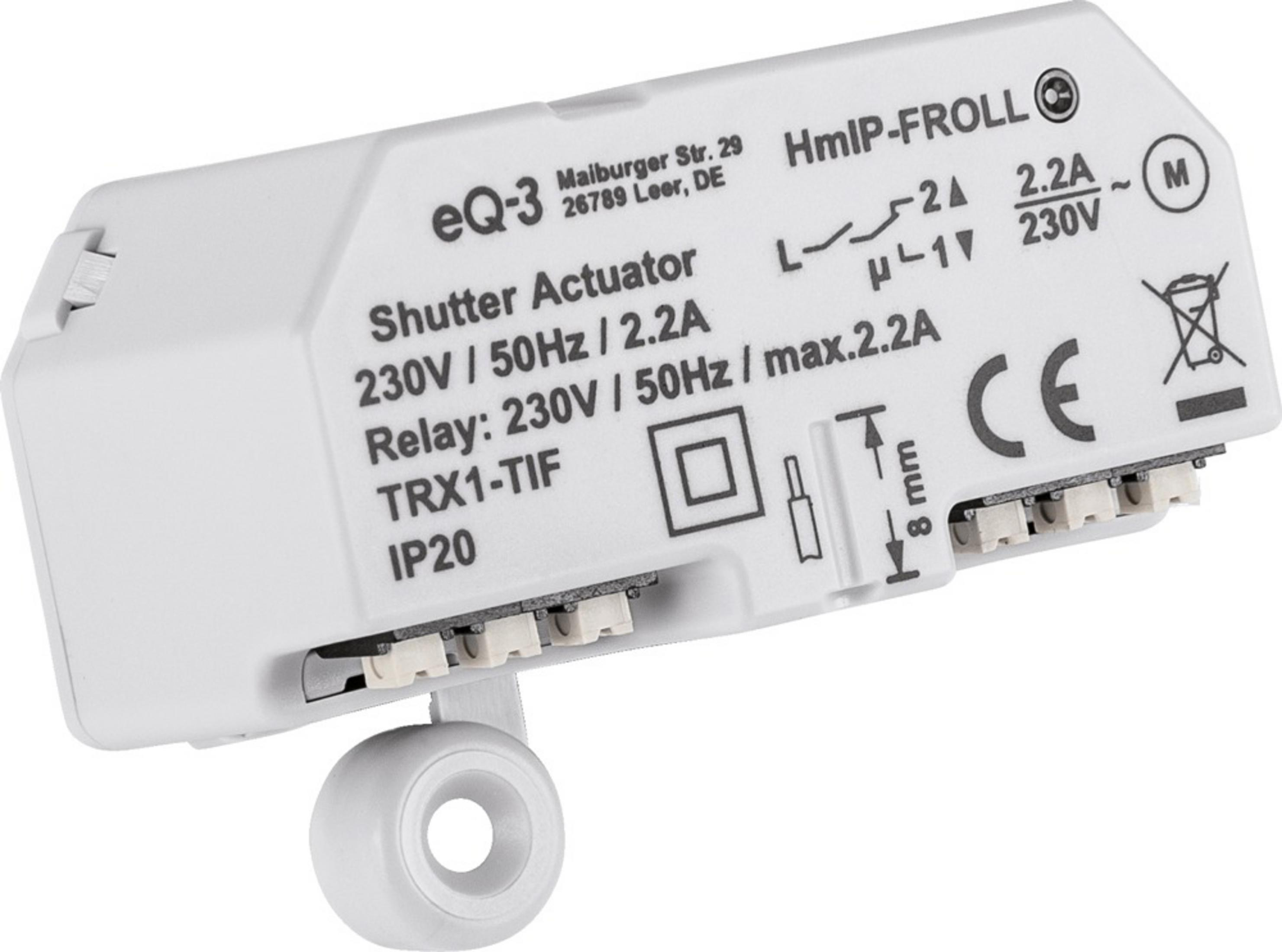 Ein weißer eQ-3 HmIP-FROLL Rollladenaktor mit technischen Daten.