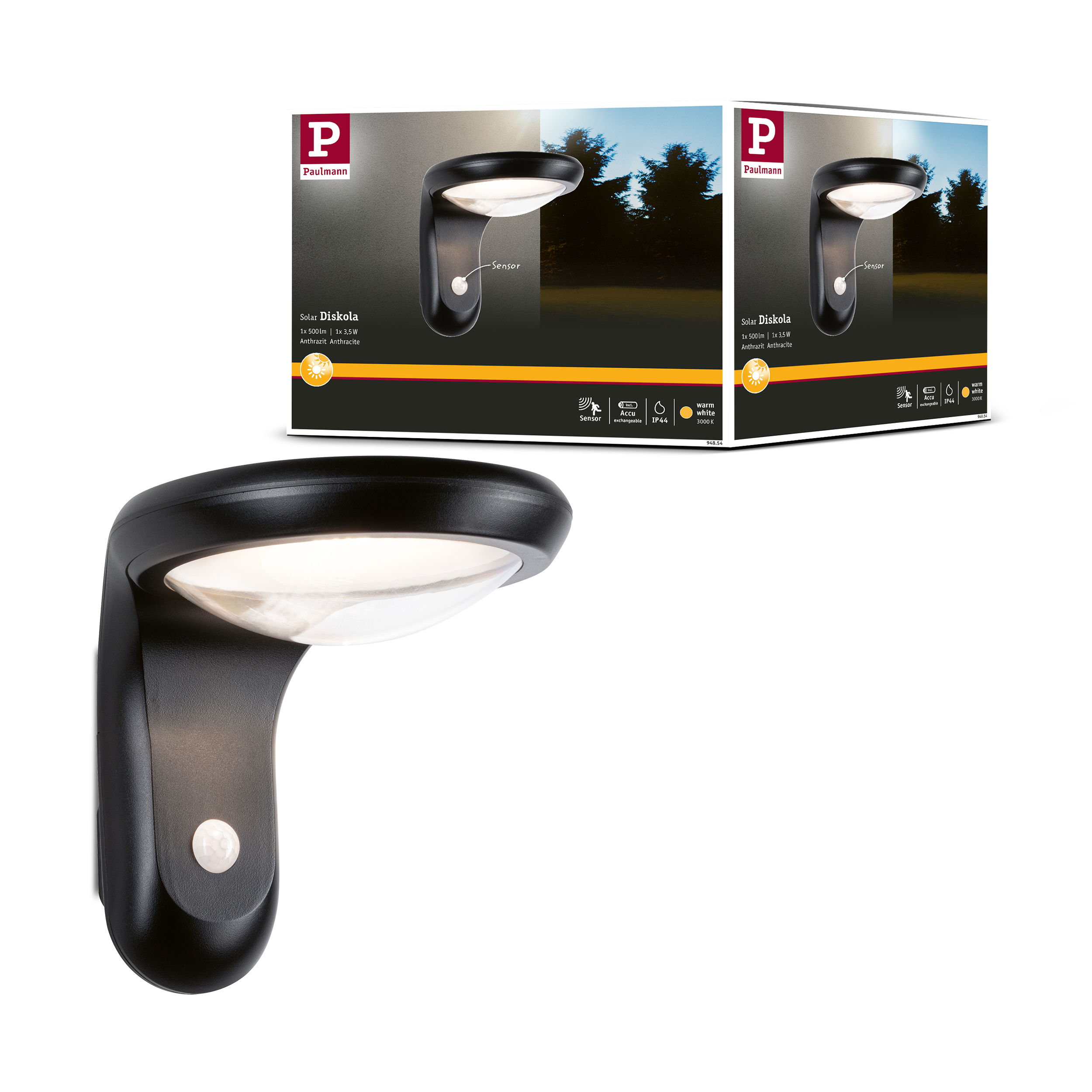 Czarna solarna lampa ścienna z czujnikiem i ciepłym białym światłem.