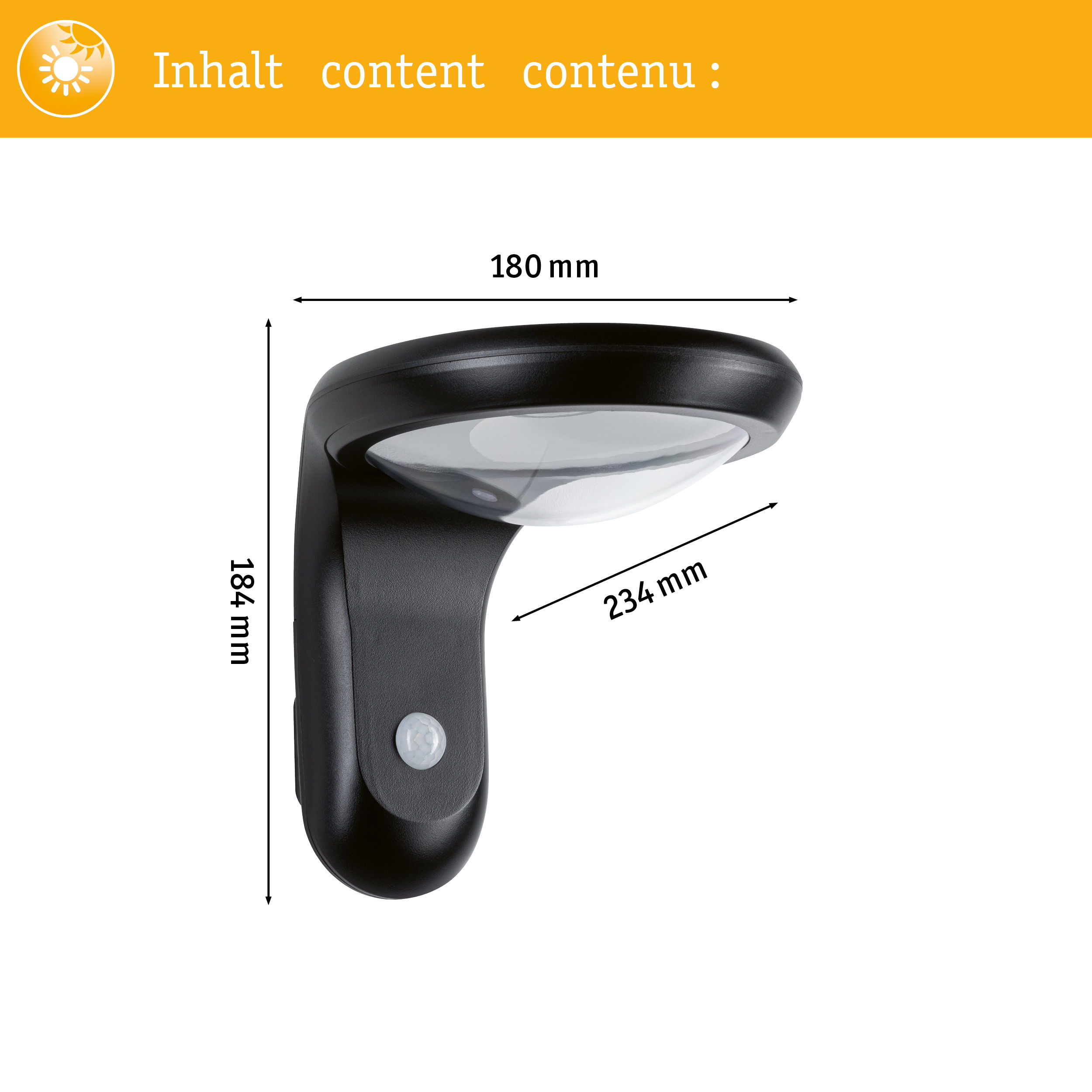 Czarna lampa ścienna z czujnikiem ruchu. Wymiary: 180x184x234 mm.