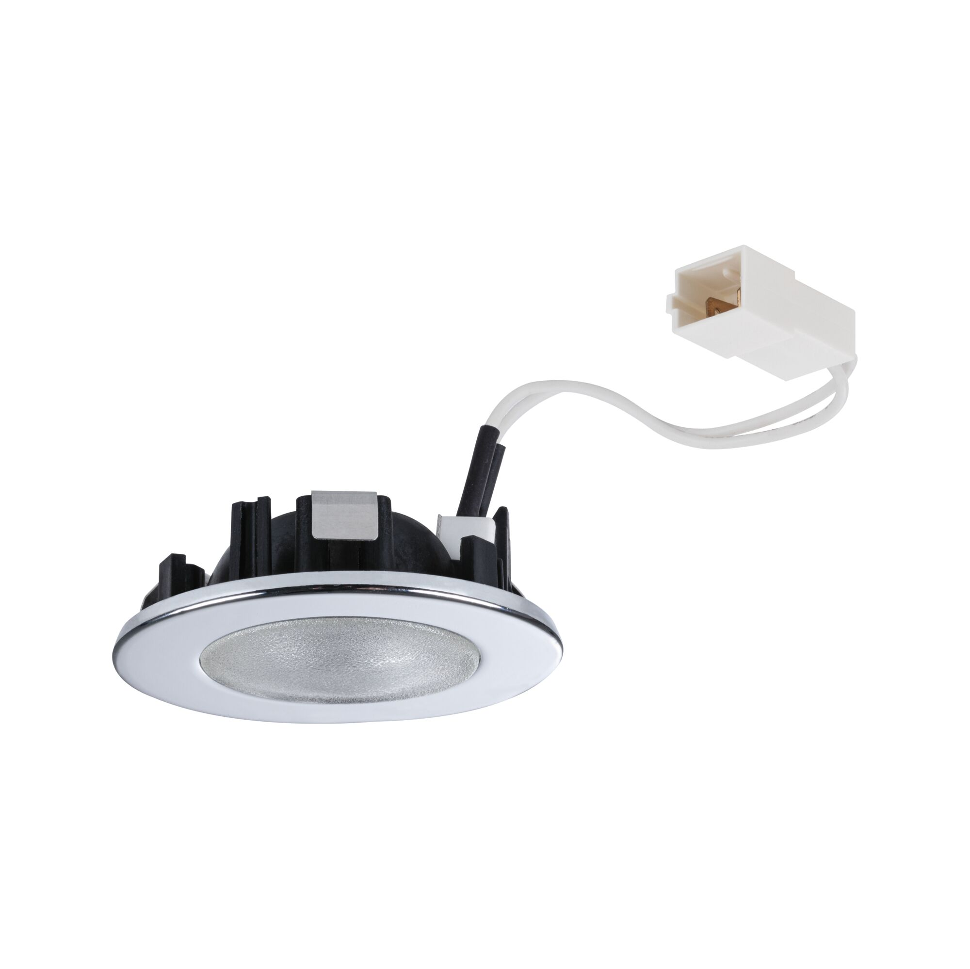 Ein runder Einbaustrahler mit Chromrand, schwarzem Sockel und Kabel mit weißem Stecker.