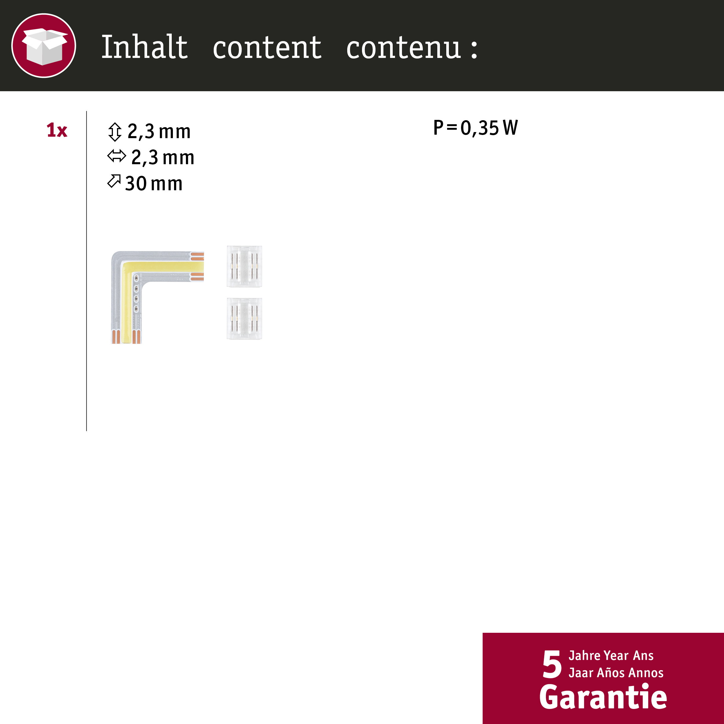L-kształtna taśma LED ze złączami i specyfikacjami.