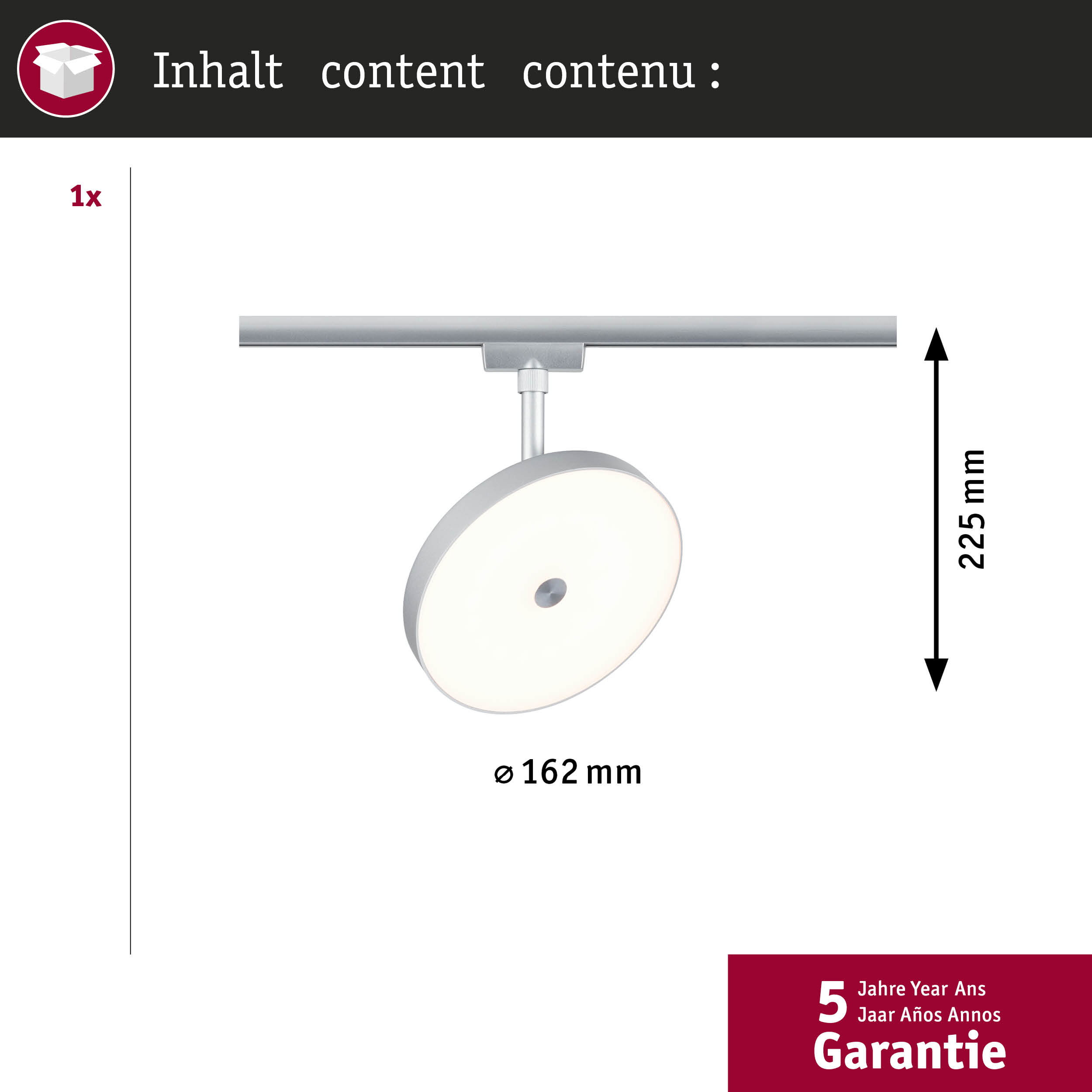 Eine silberne Lampe mit 16,2 cm Durchmesser an einer Schiene, 22,5 cm hoch.