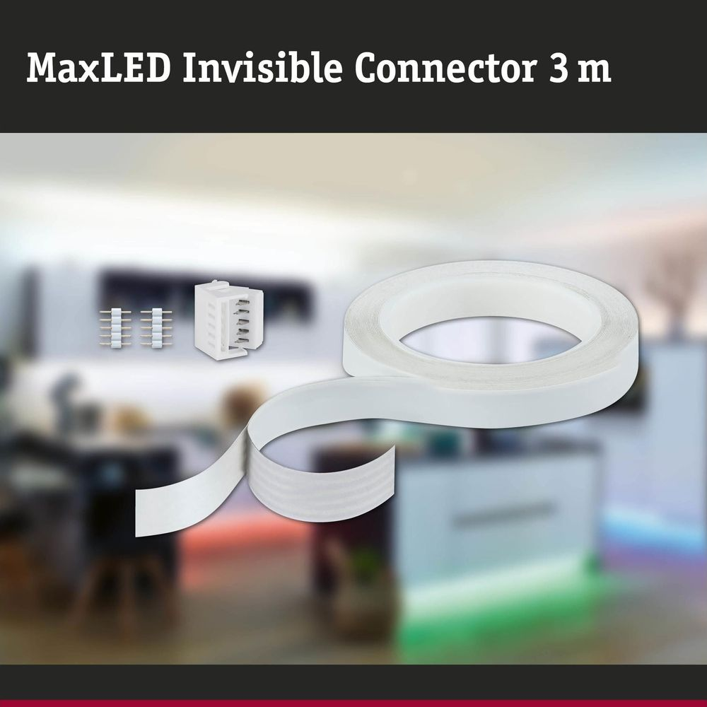 Doppelseitiges Klebeband und Stecker für LED-Streifen vor einem beleuchteten Hintergrund.