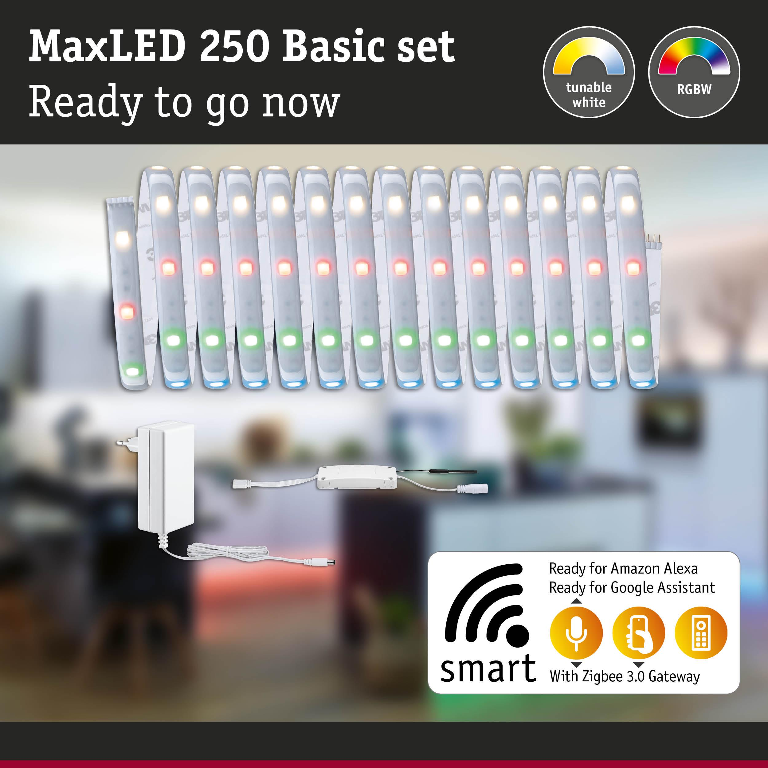 MaxLED 250 Basic Set mit Netzteil, Steuergerät und RGBW-LED-Streifen.