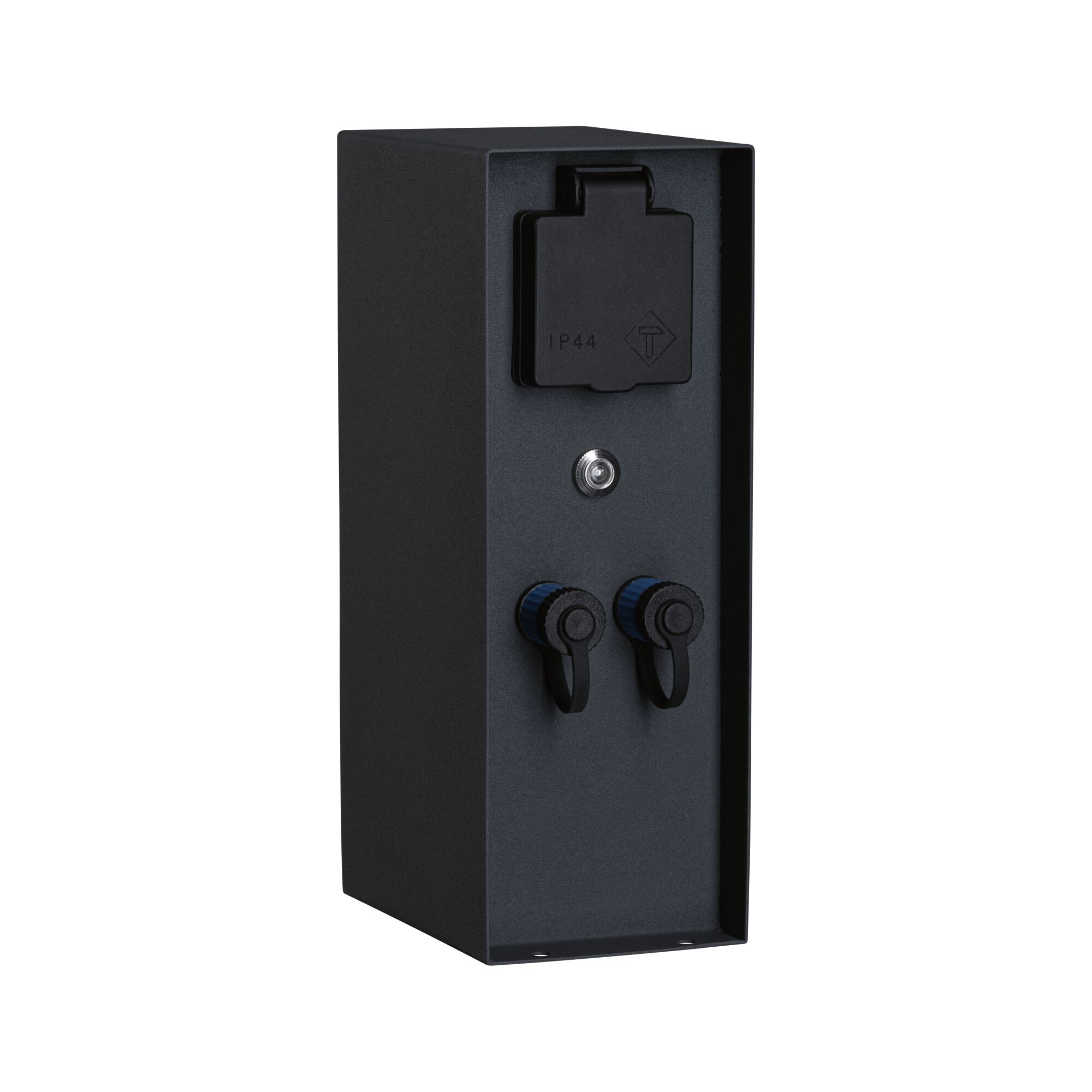 Schwarzes IP44-Gehäuse mit Steckdose, Schlüssel und zwei blauen Anschlüssen.
