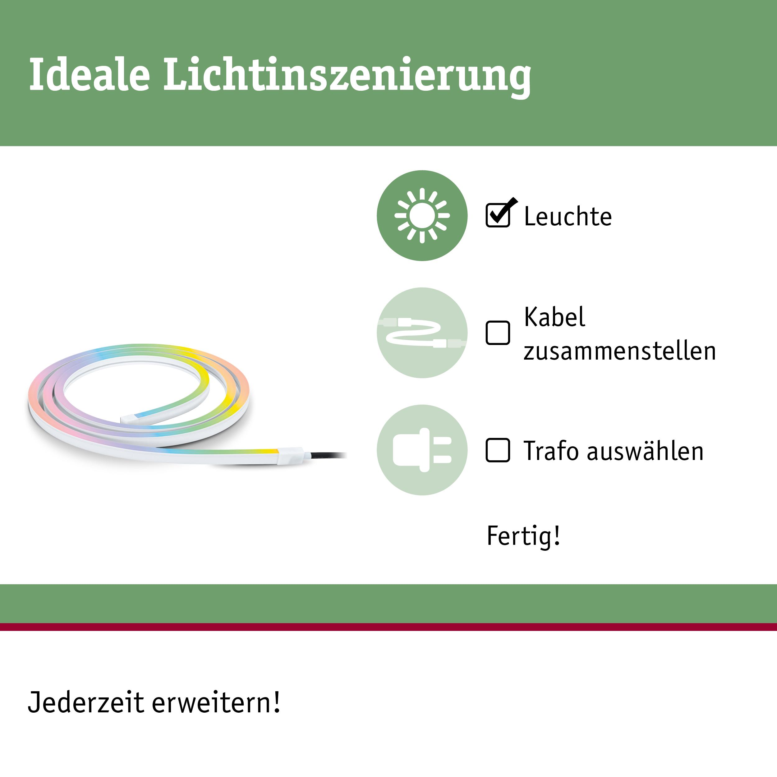 Ein bunter LED-Streifen mit Anleitungssymbolen für Licht, Kabel und Trafo.