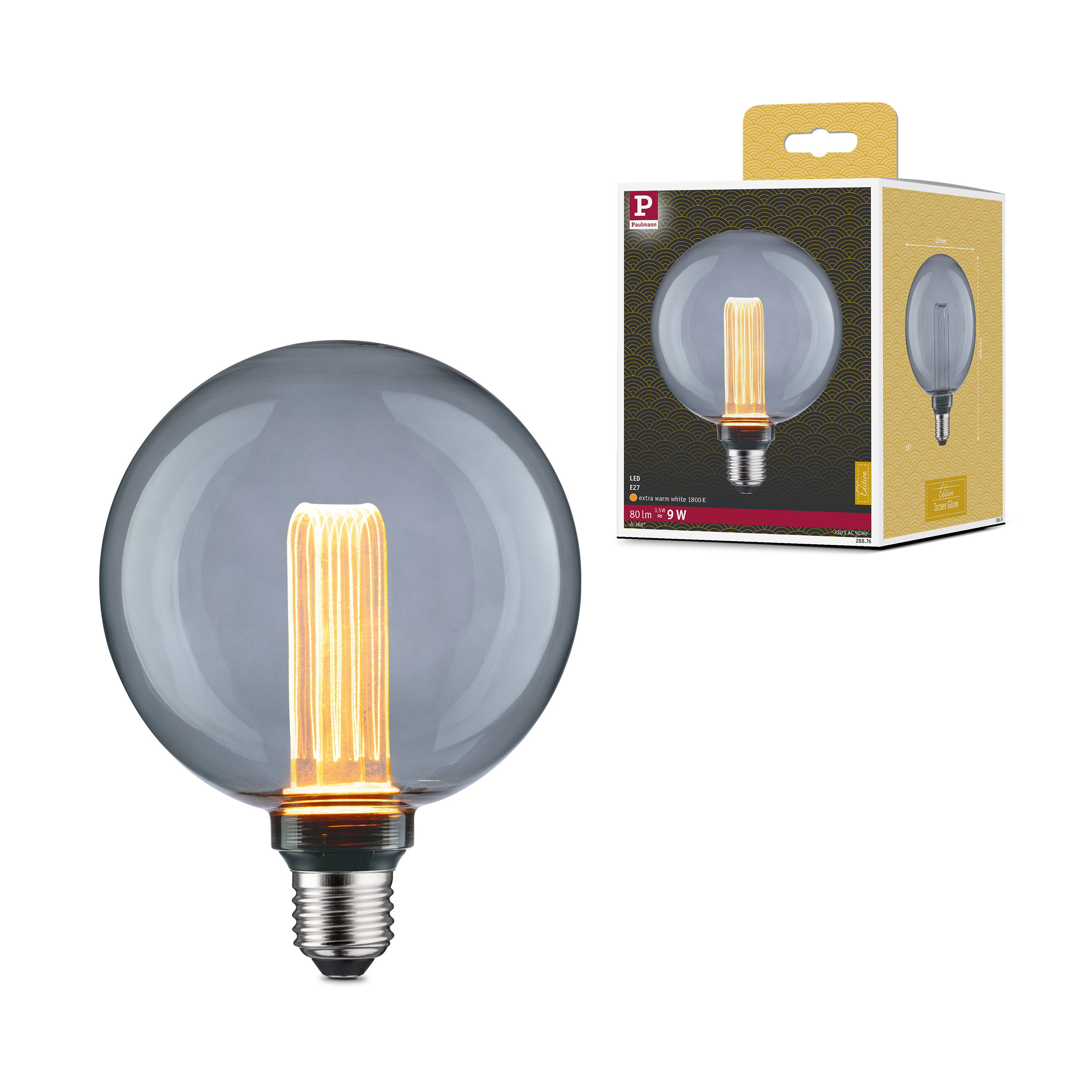 Szara żarówka LED z widocznymi żarnikami i trzonkiem E27.