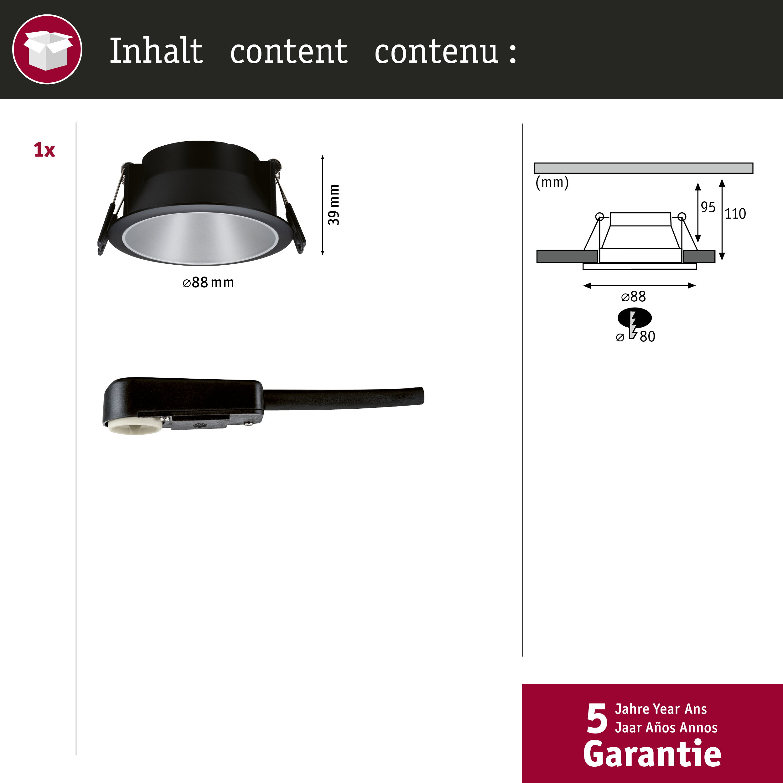 Luce da incasso con diametro 88mm e dettagli di montaggio.