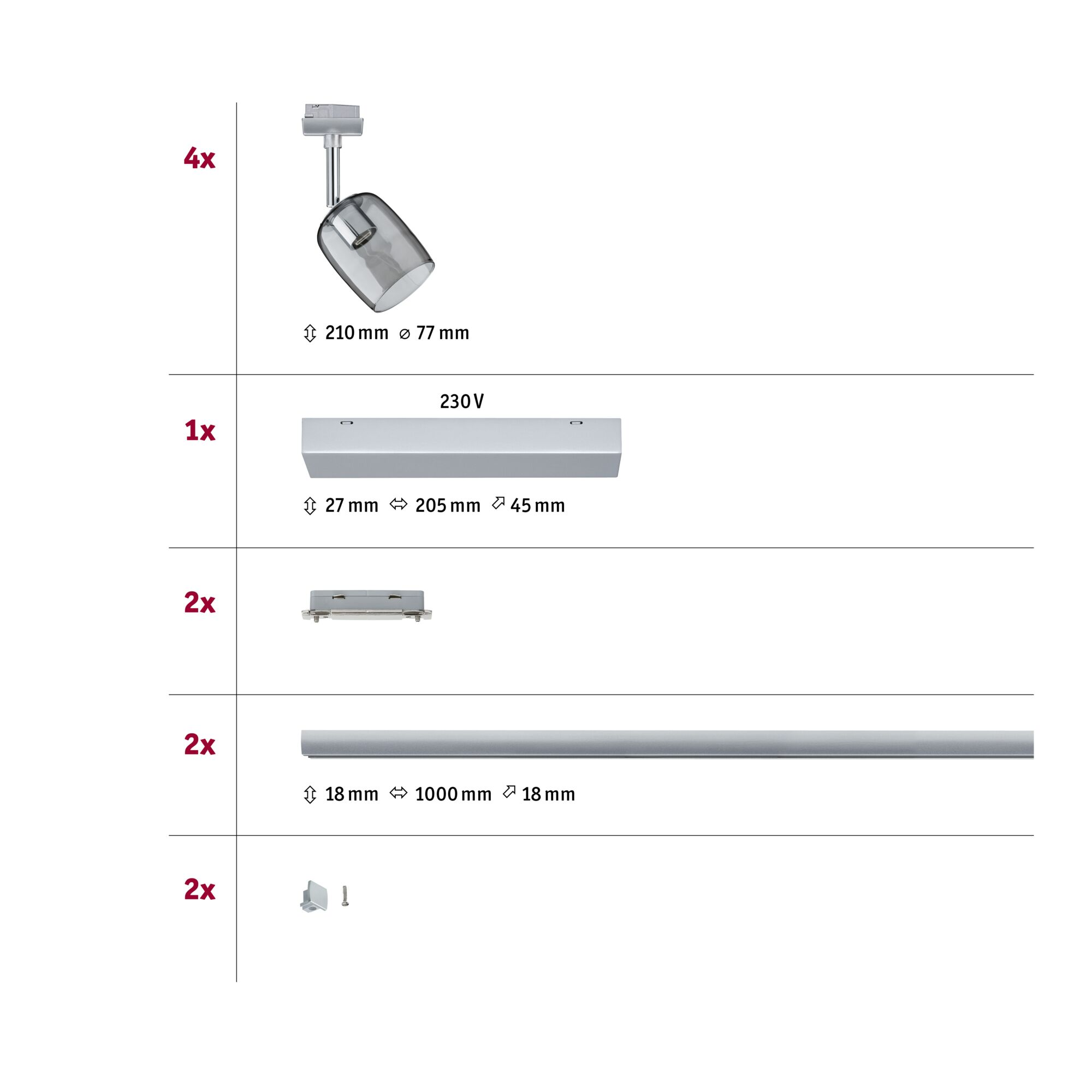 Vier Schienenleuchten, eine 230V-Schiene, zwei Verbinder, eine 1m-Schiene, zwei Endkappen.