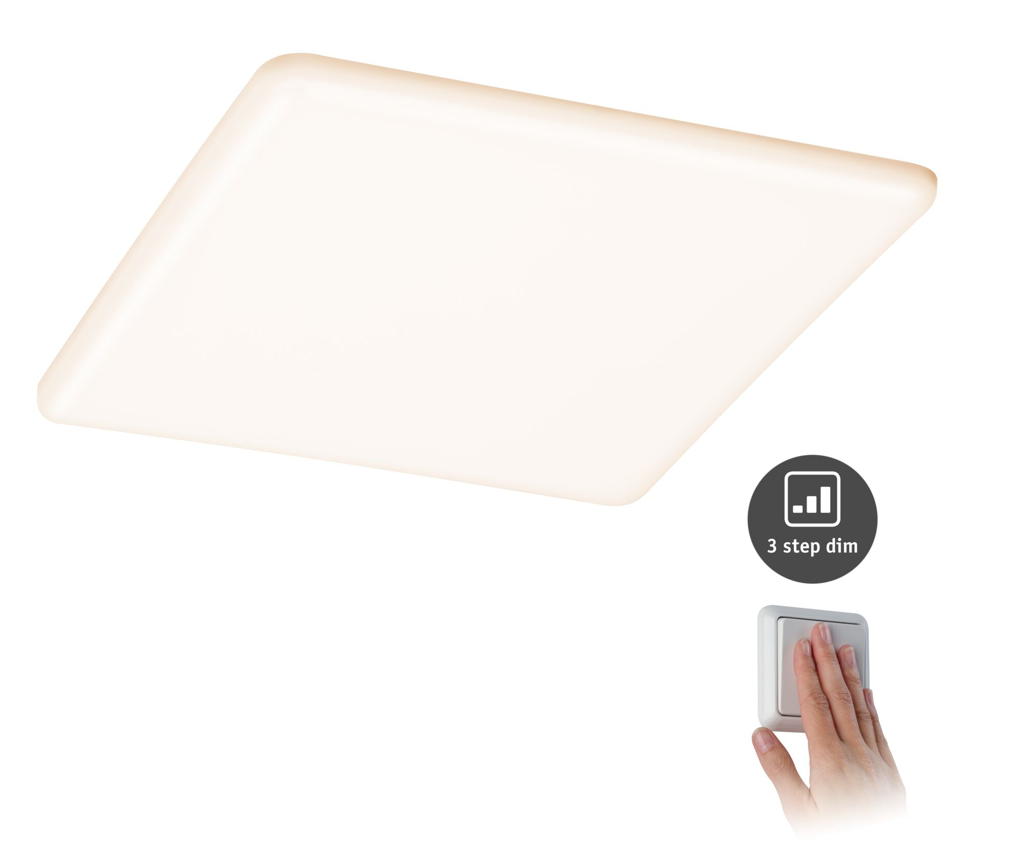 Eine rechteckige Deckenleuchte mit 3-stufiger Dimmfunktion, bedient von einer Hand.